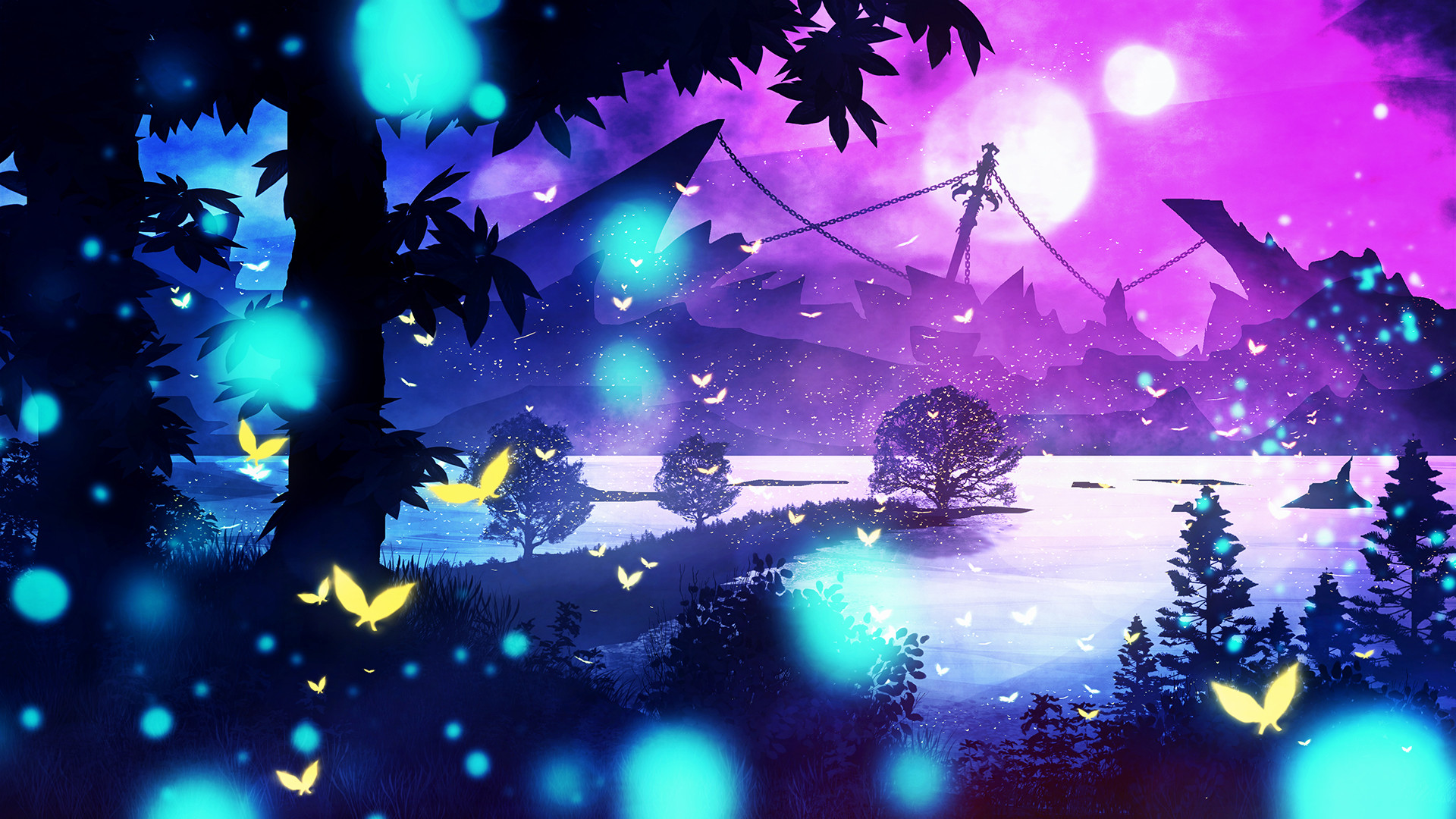 Free download wallpaper Landscape, Nature, Fantasy, Lake, Tree, Purple, Firefly on your PC desktop