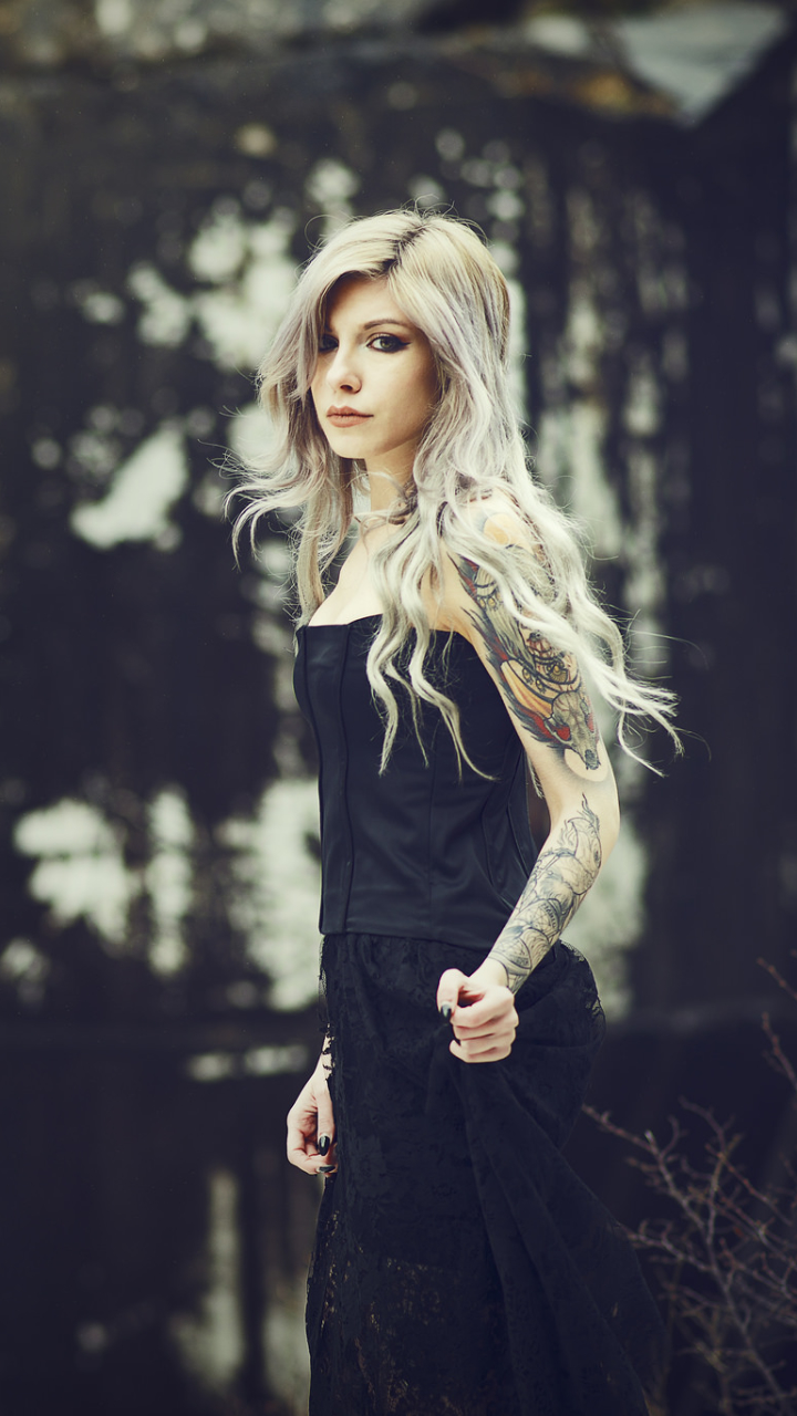 Download mobile wallpaper Gothic, Tattoo, Blonde, Model, Women, Long Hair, Black Dress for free.