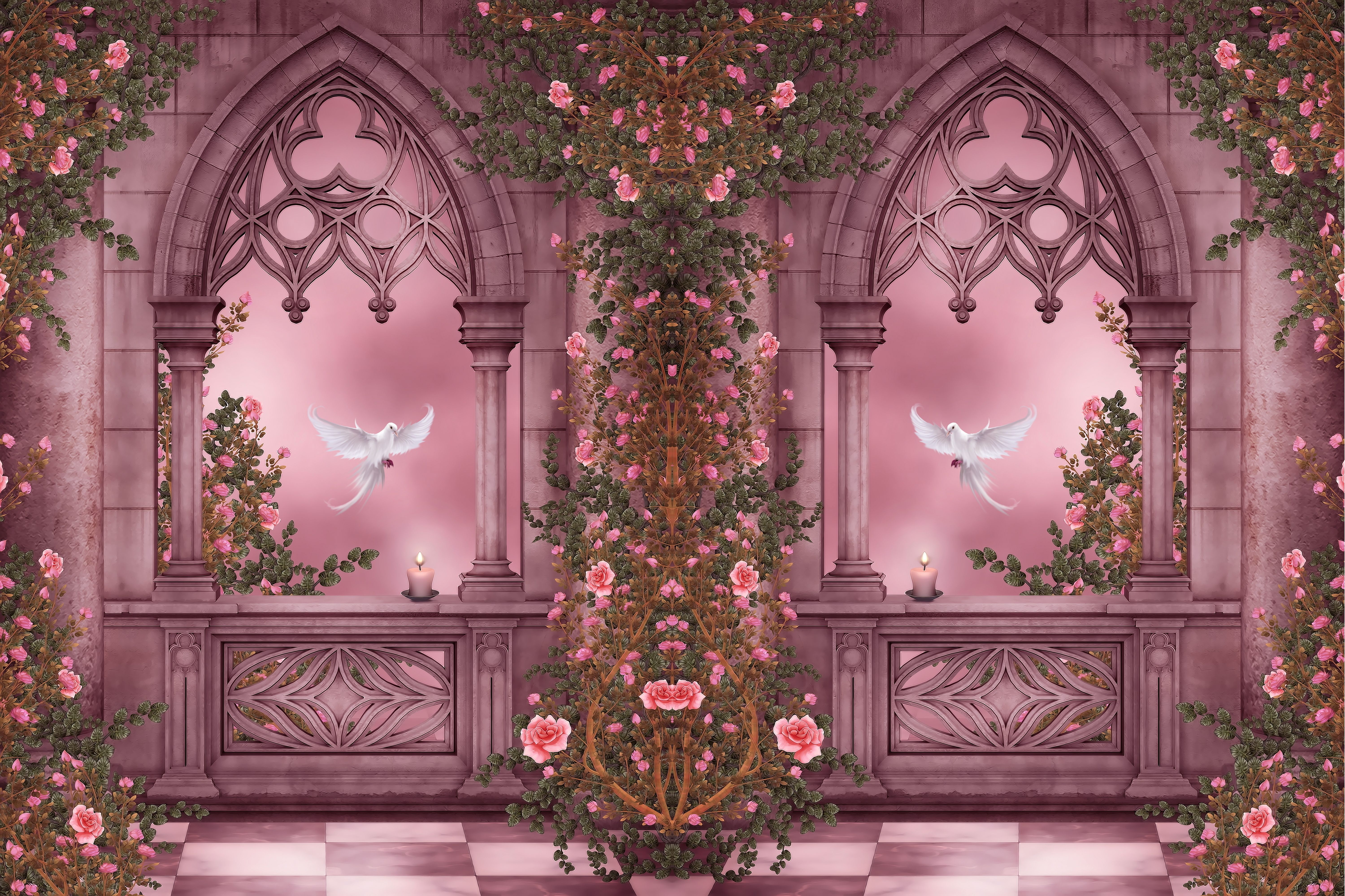 arch, fantasy, artistic, bird, candle, columns, dove, pink, rose, vine