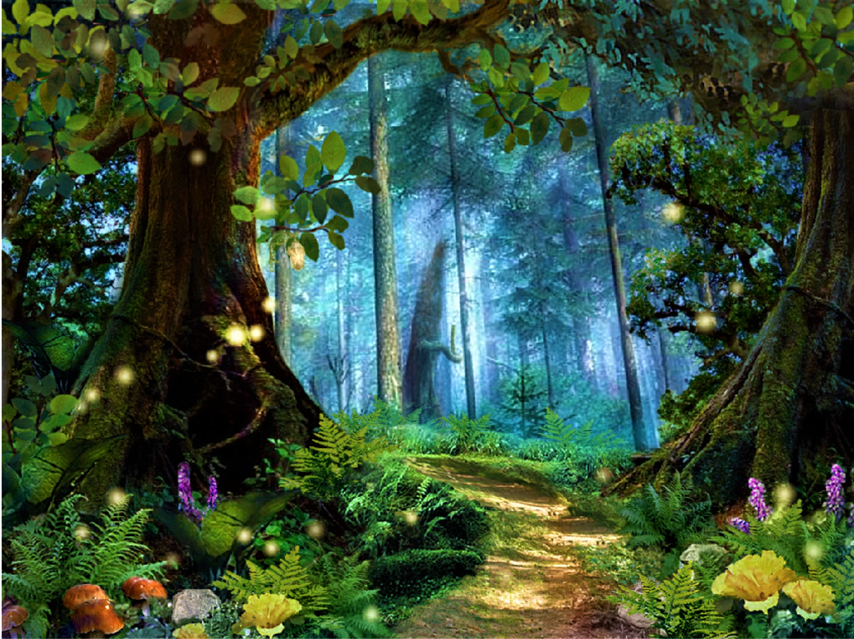 Скачать обои бесплатно Цветок, Лес, Дерево, Дорожка, Волшебный, Художественные картинка на рабочий стол ПК