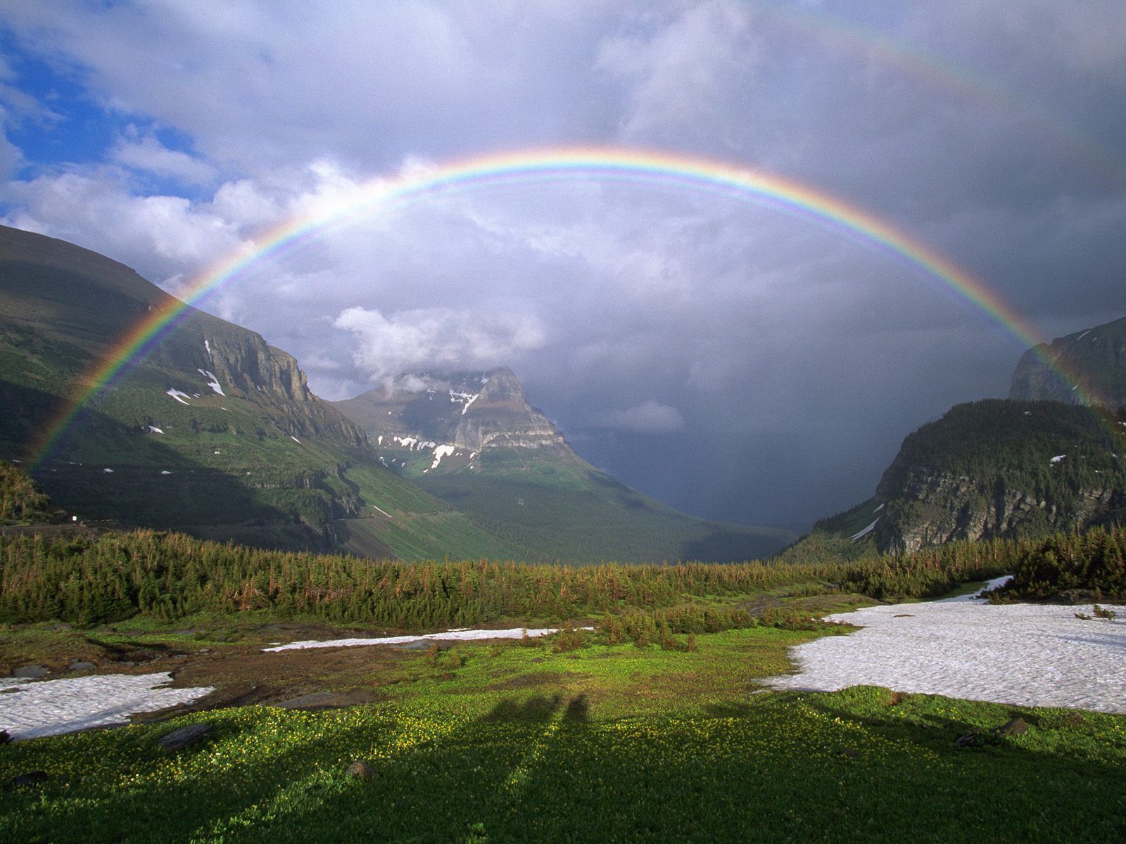 rainbow, mountains, nature, clouds, snow, greens HD wallpaper