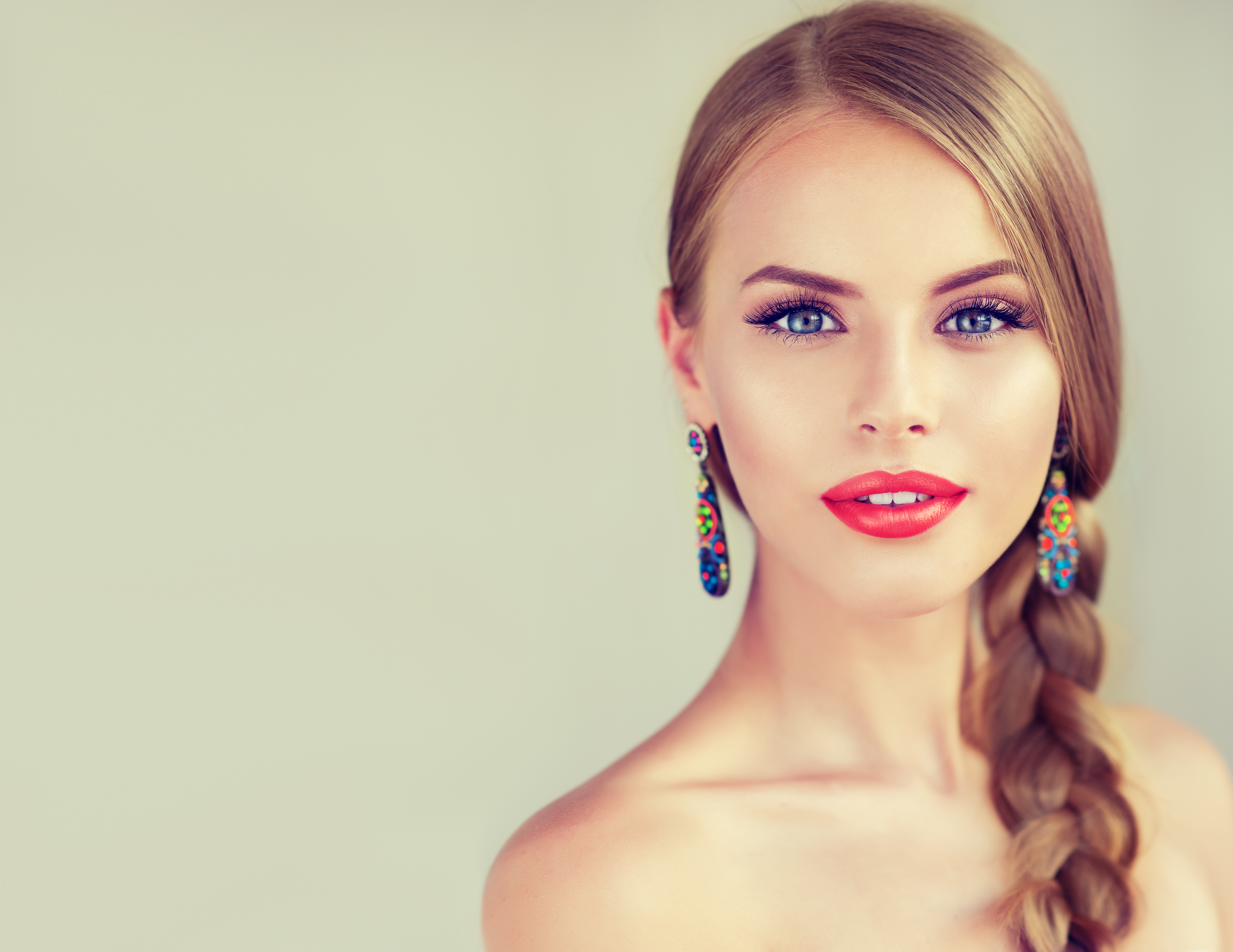 Download mobile wallpaper Blonde, Model, Women, Earrings, Makeup, Blue Eyes, Braid, Lipstick for free.