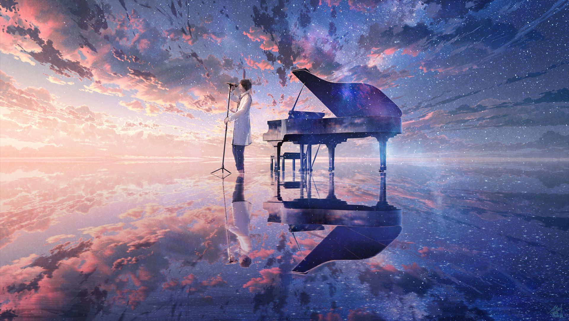 Free download wallpaper Music, Anime, Piano, Reflection, Starry Sky, Cloud, Microphone on your PC desktop