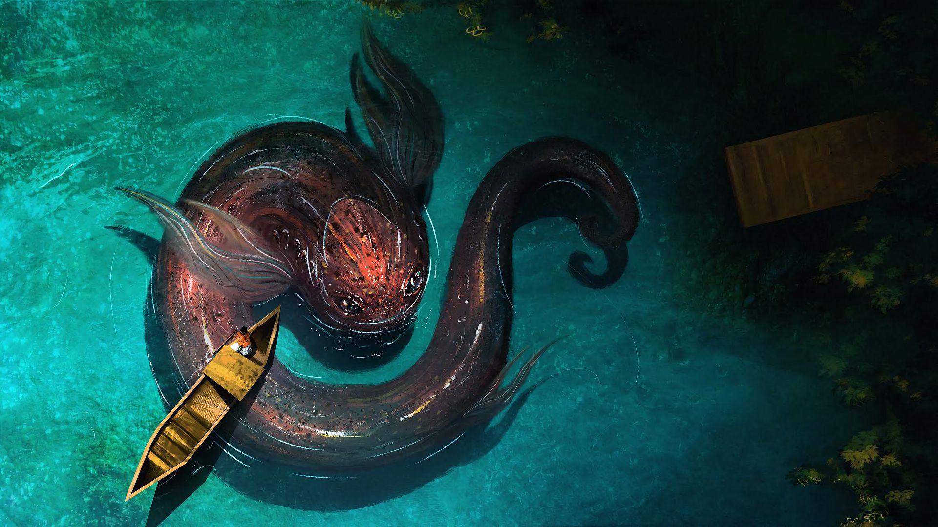 Free download wallpaper Fantasy, Boat, Creature, Aerial, Sea Monster on your PC desktop