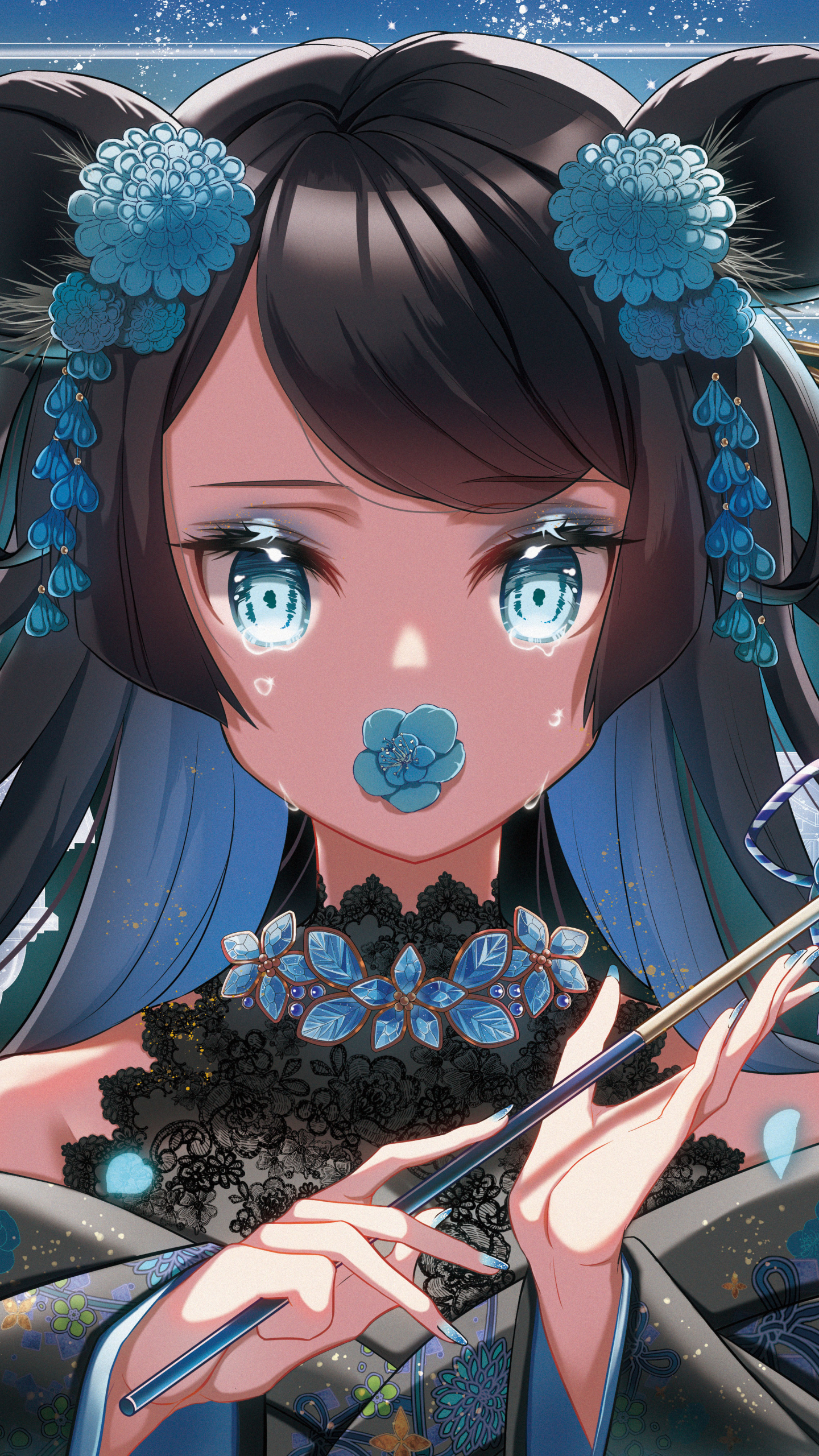 Download mobile wallpaper Anime, Flower, Blue Eyes, Tears, Original for free.