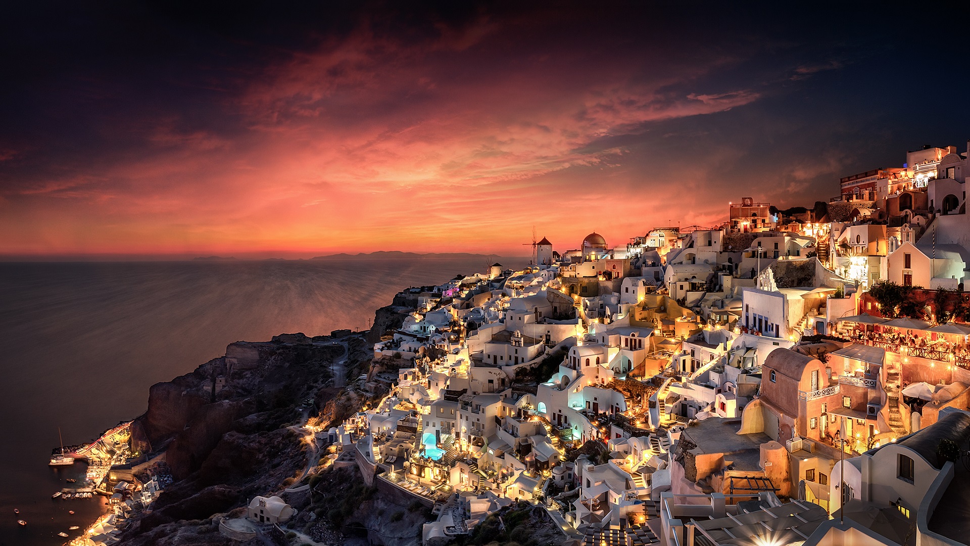 Laden Sie das Städte, Licht, Nacht, Santorin, Menschengemacht-Bild kostenlos auf Ihren PC-Desktop herunter