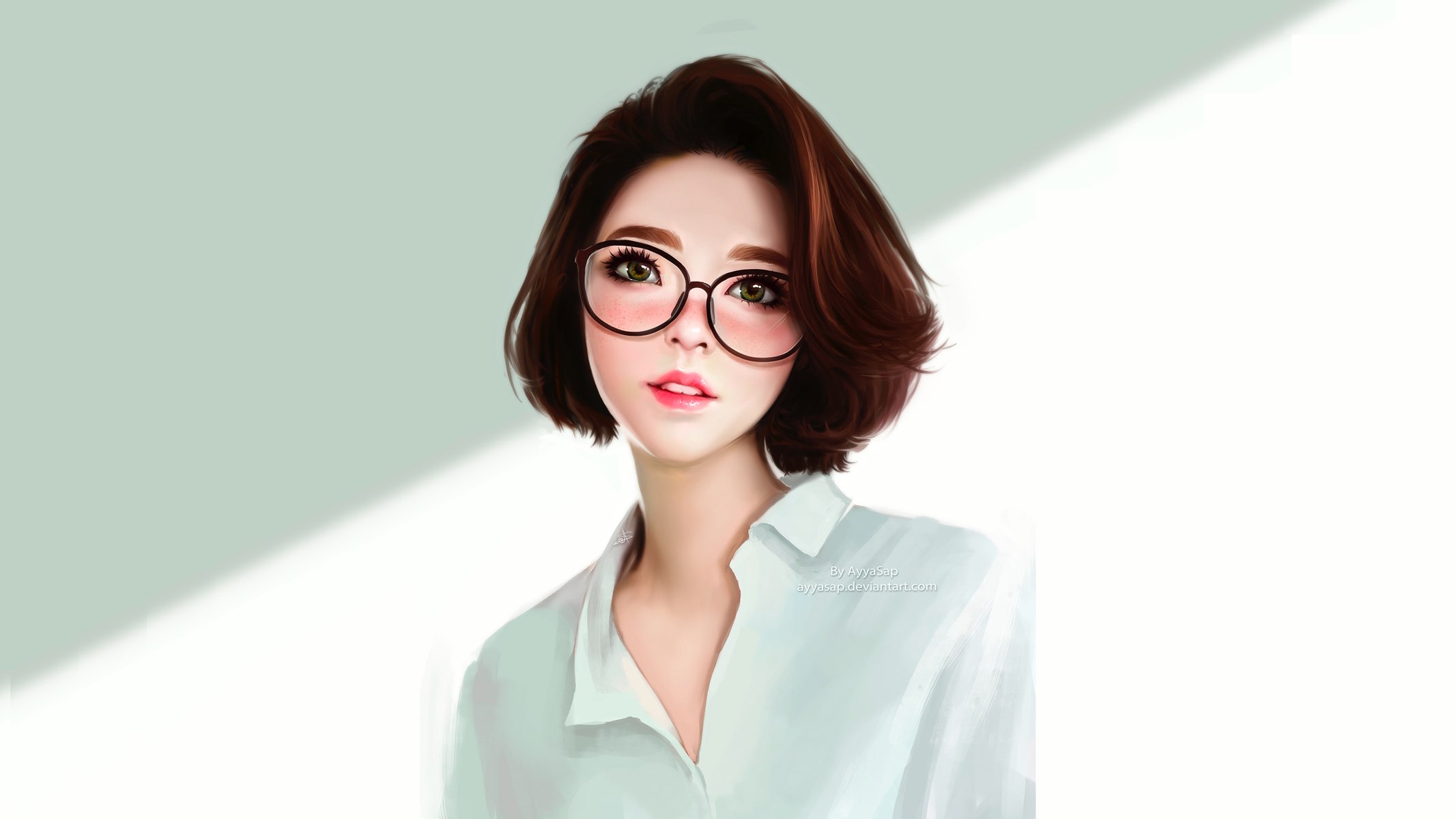 Download mobile wallpaper Artistic, Glasses, Face, Women, Brown Hair, Lipstick for free.