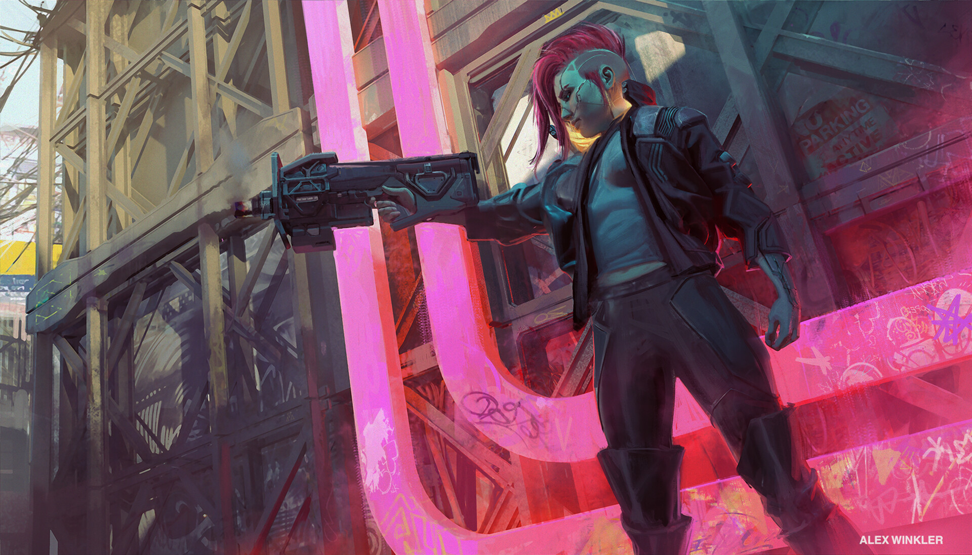 Download mobile wallpaper Weapon, Cyberpunk, Sci Fi, Pink Hair for free.
