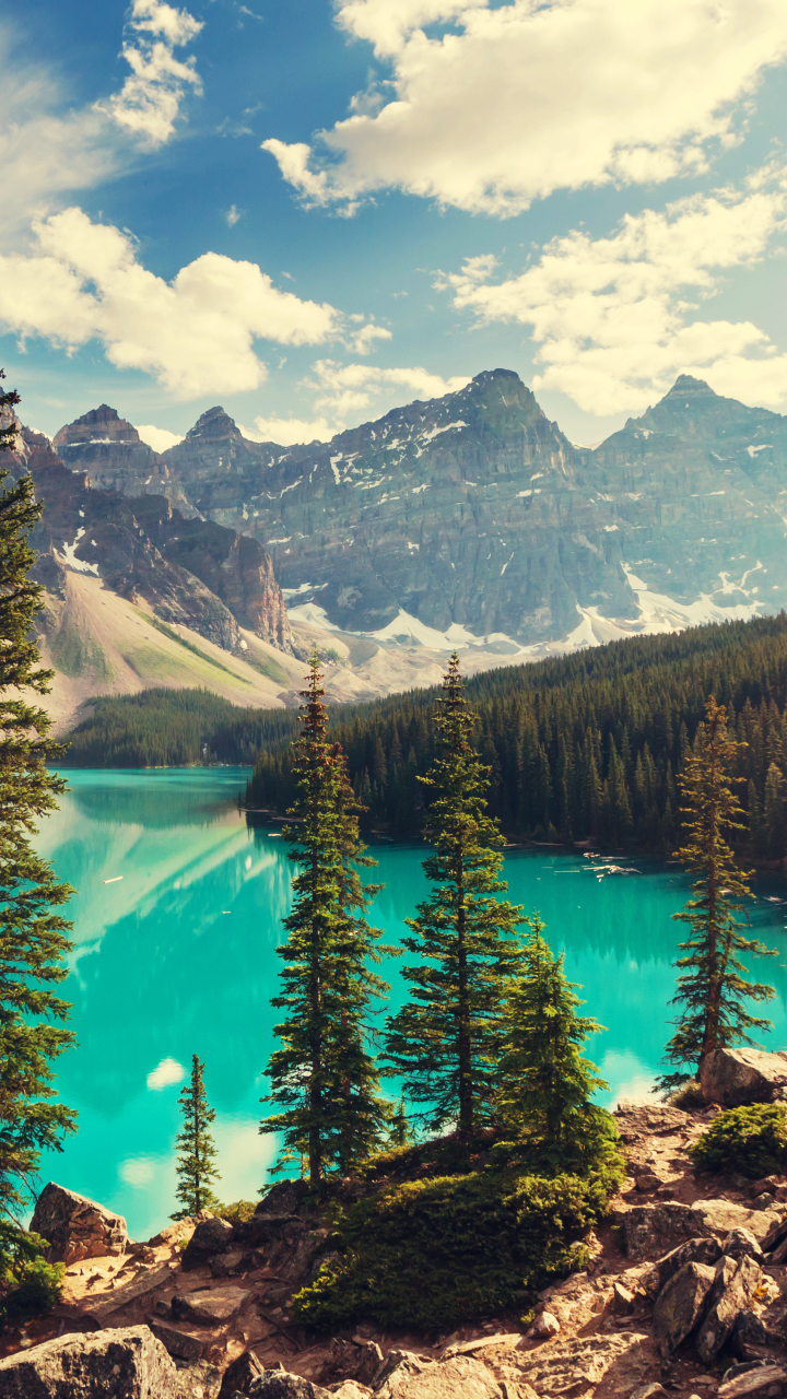 Download mobile wallpaper Landscape, Nature, Lakes, Mountain, Lake, Canada, Forest, Tree, Earth, Moraine Lake, Banff National Park for free.