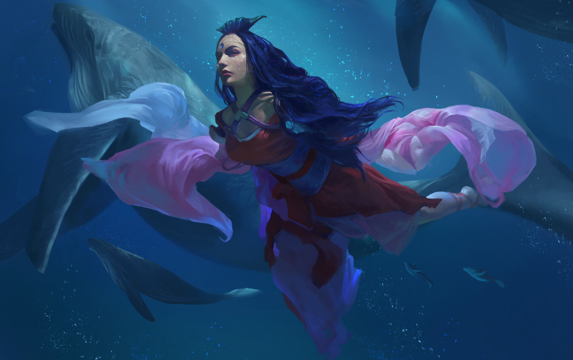 Download mobile wallpaper Fantasy, Whale, Underwater, Women, Blue Hair, Long Hair for free.