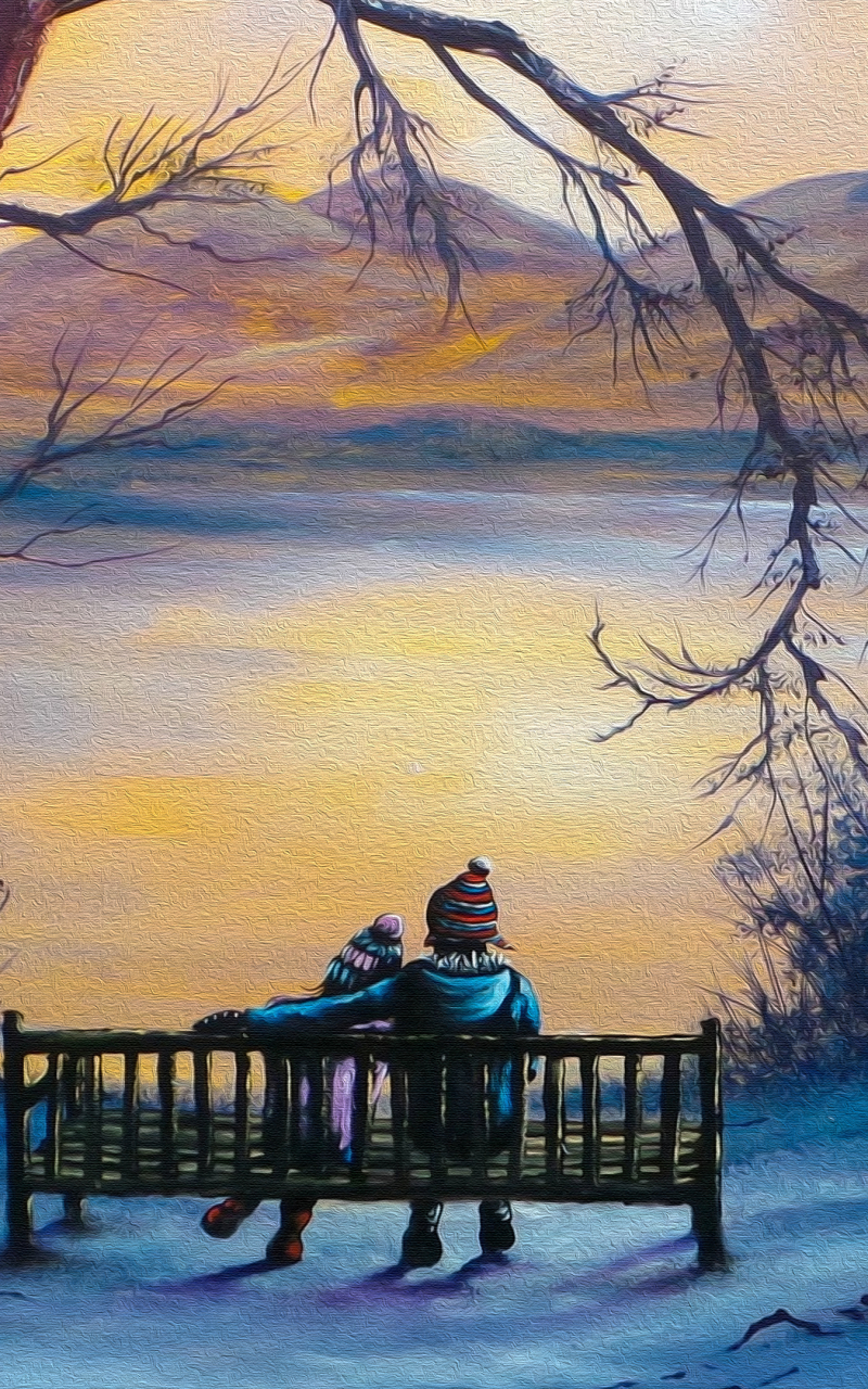 Download mobile wallpaper People, Winter, Lake, Bench, Painting, Artistic for free.