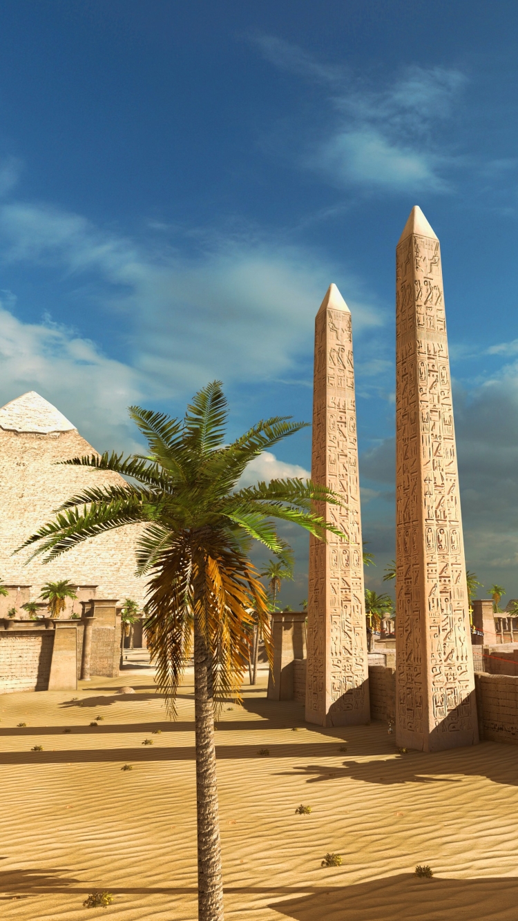 Download mobile wallpaper Sand, Egypt, Pyramid, Video Game, Palm Tree, Obelisk, The Talos Principle for free.