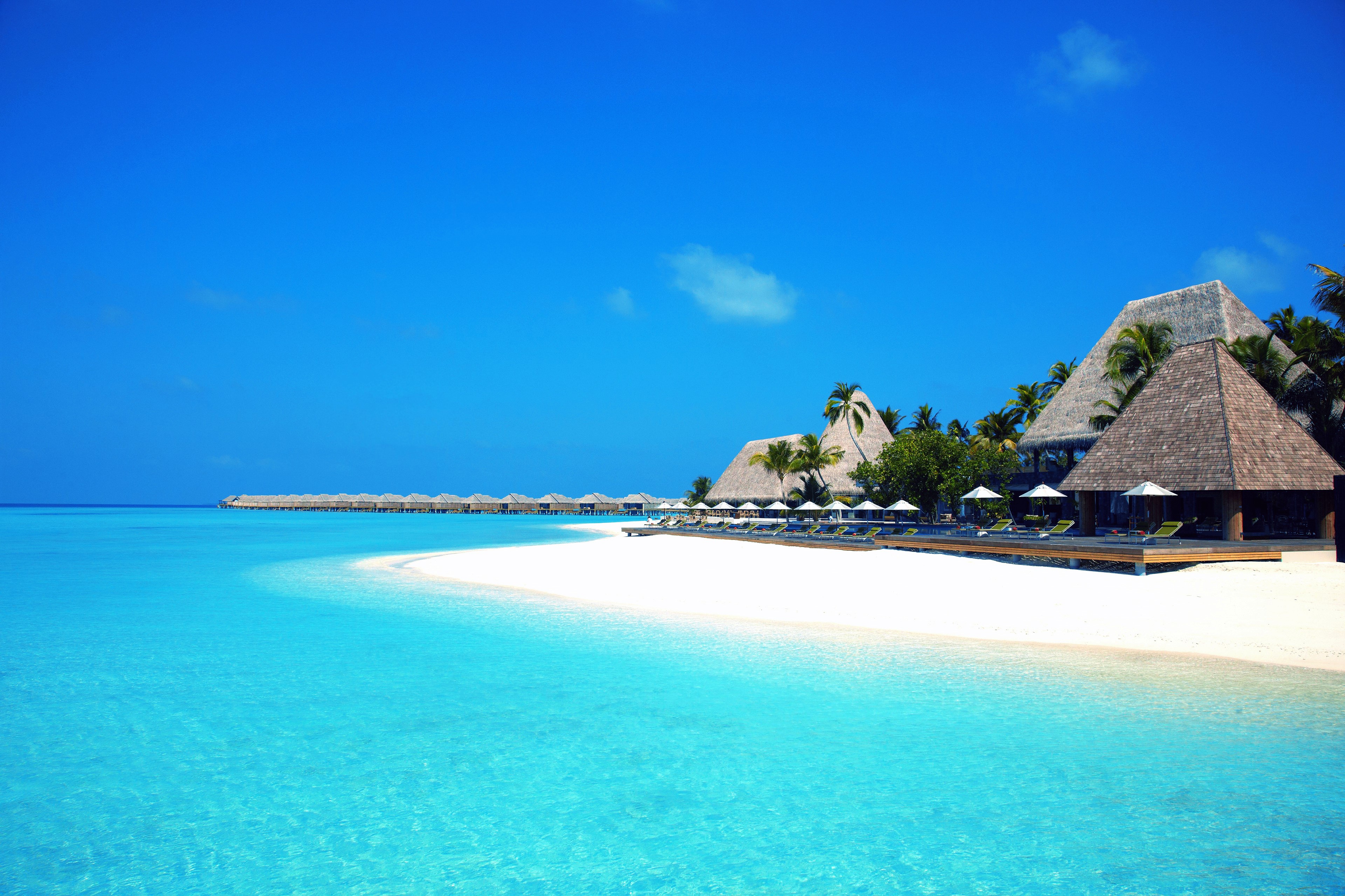 sea, maldives, turquoise, man made, resort, horizon, hut, ocean, tropical