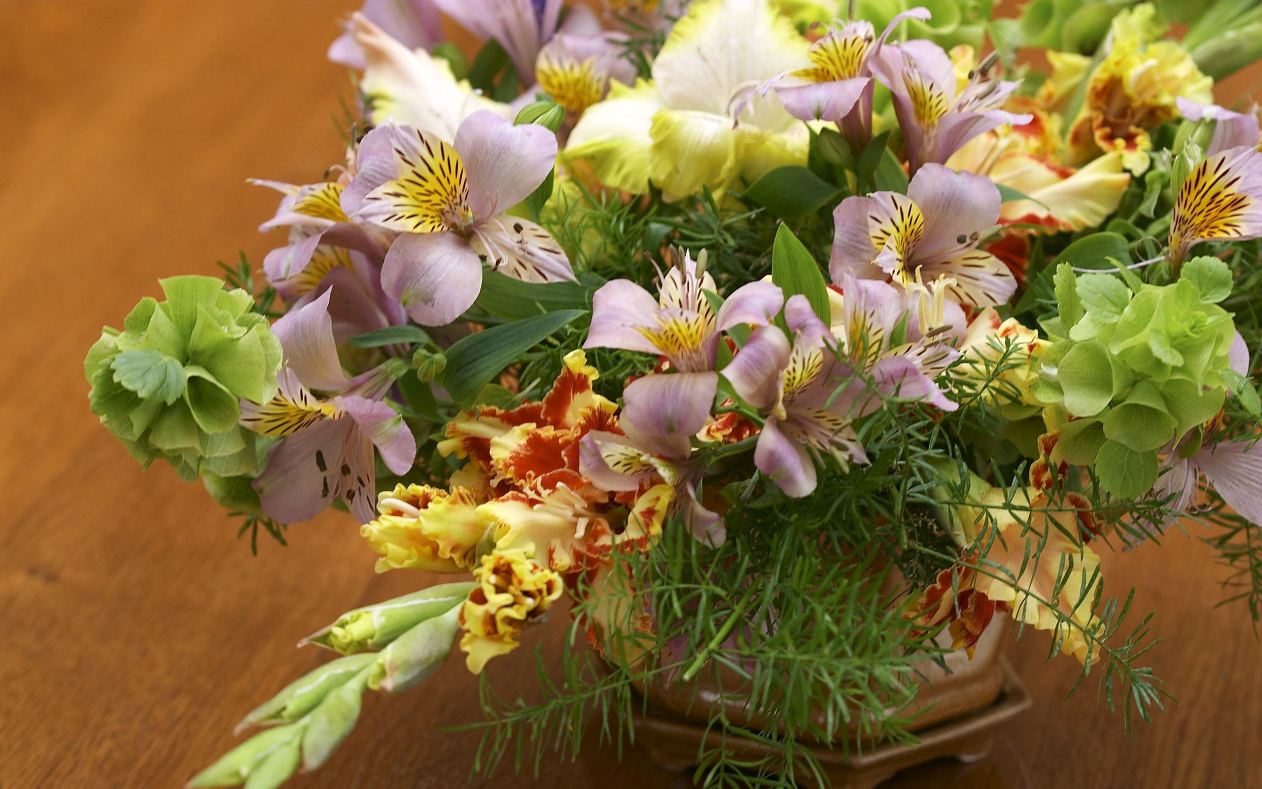 flowers, lilies, gladiolus, greens, composition, ikebana
