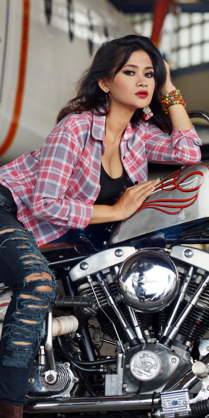 Download mobile wallpaper Brunette, Model, Women, Lipstick, Girls & Motorcycles for free.