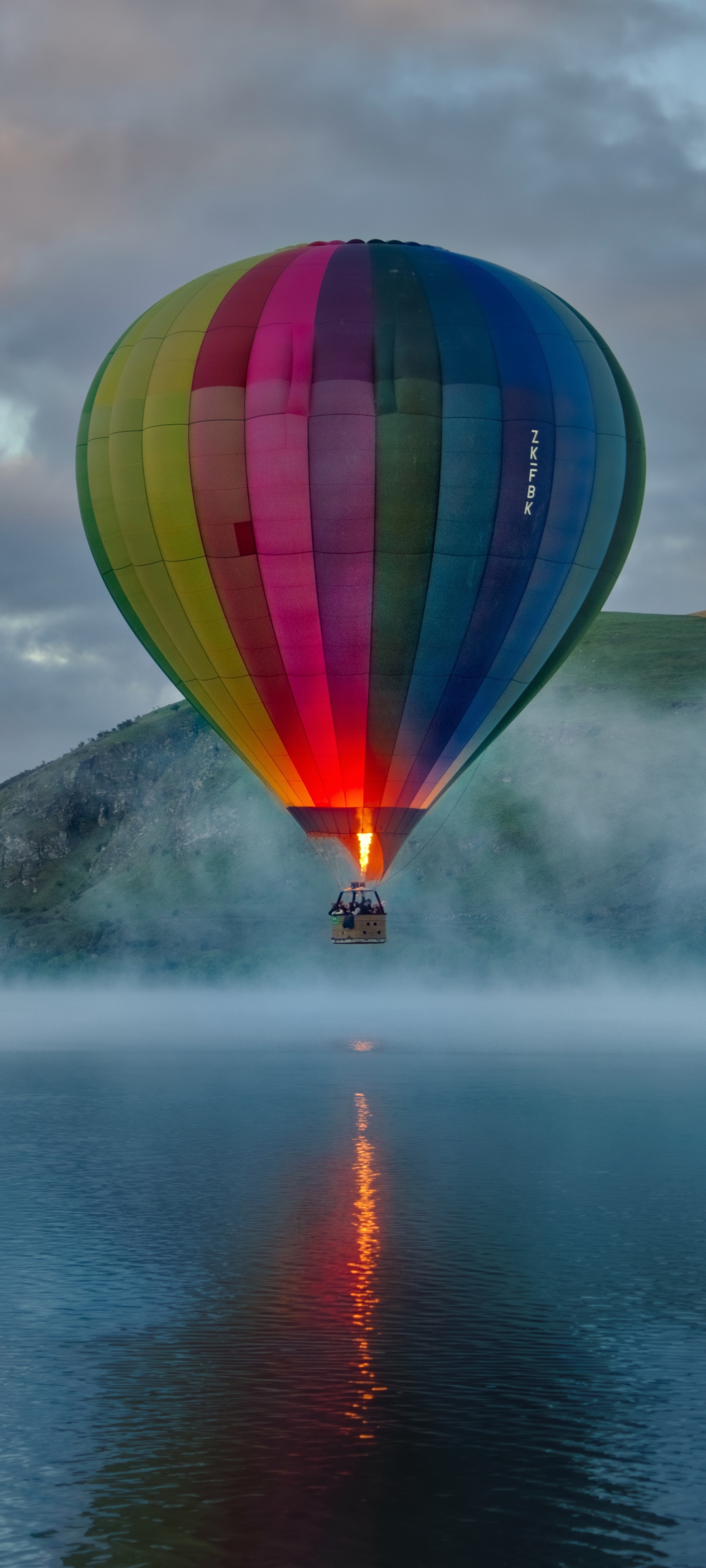 Download mobile wallpaper Mountain, Lake, Fog, Cloud, Vehicles, Hot Air Balloon for free.