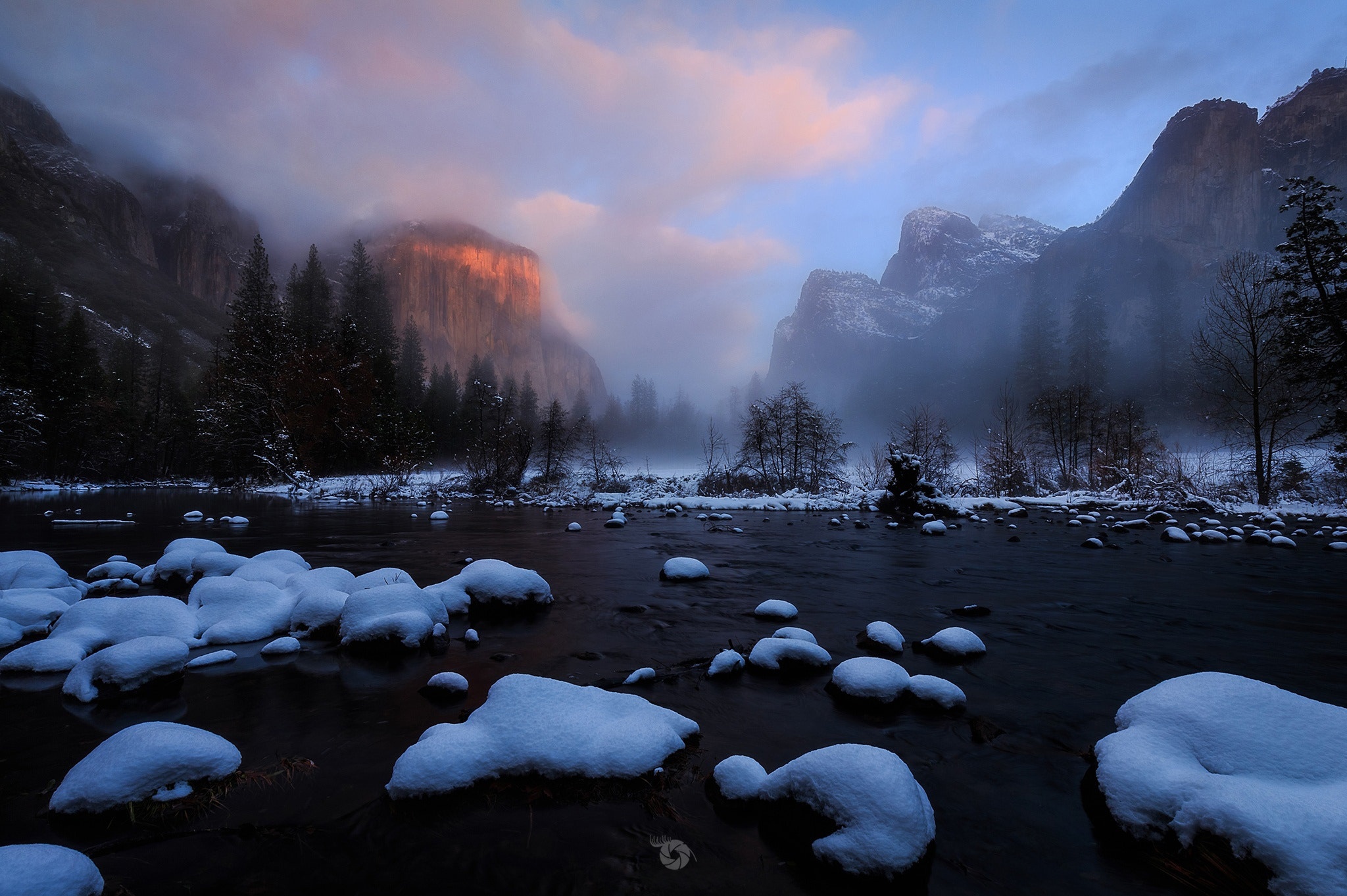 Free download wallpaper Winter, Nature, Snow, Fog, Earth, River on your PC desktop