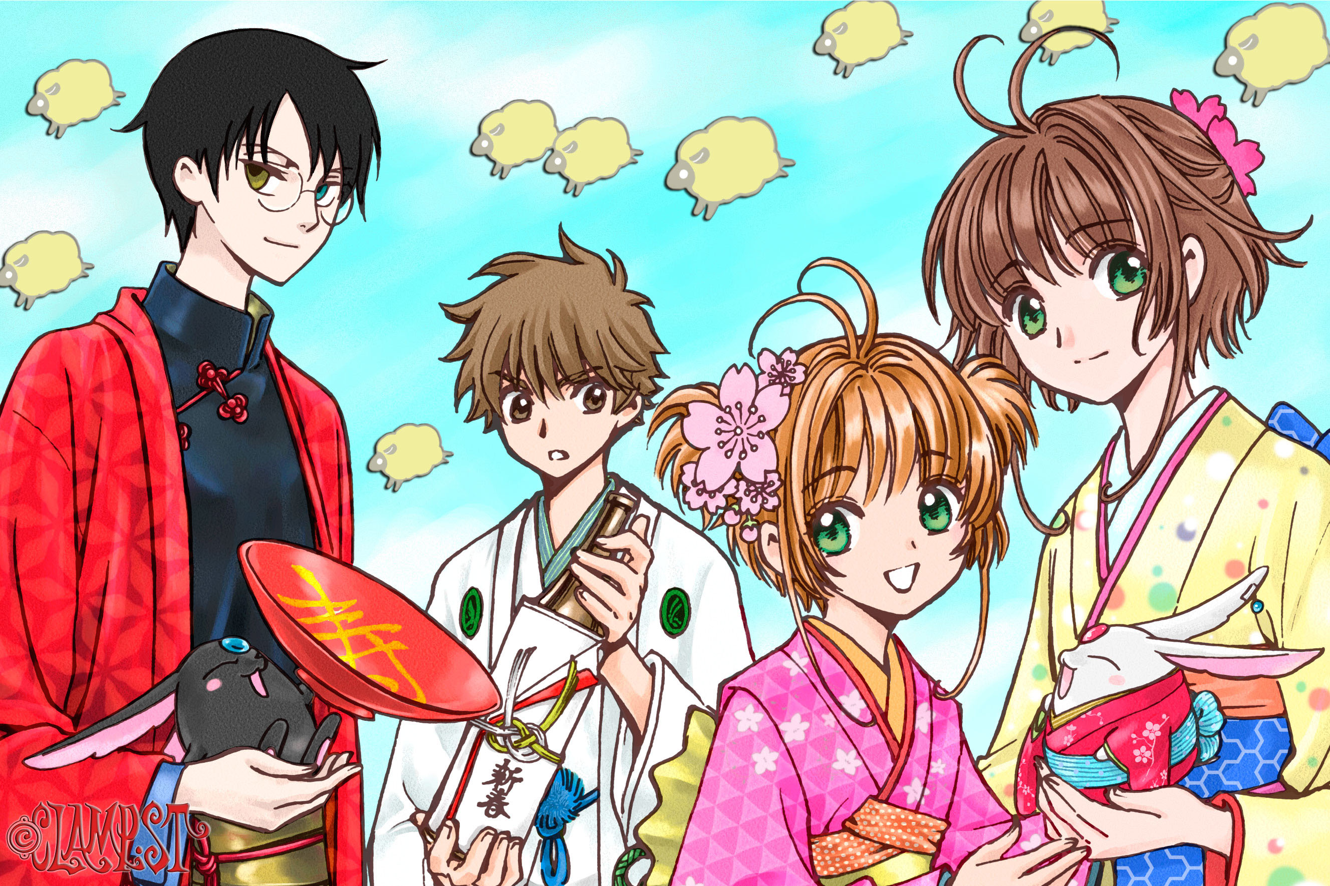 anime, crossover, cardcaptor sakura, kimihiro watanuki, sakura (tsubasa: reservoir chronicle), sakura kinomoto, syaoran (tsubasa: reservoir chronicle), xxxholic