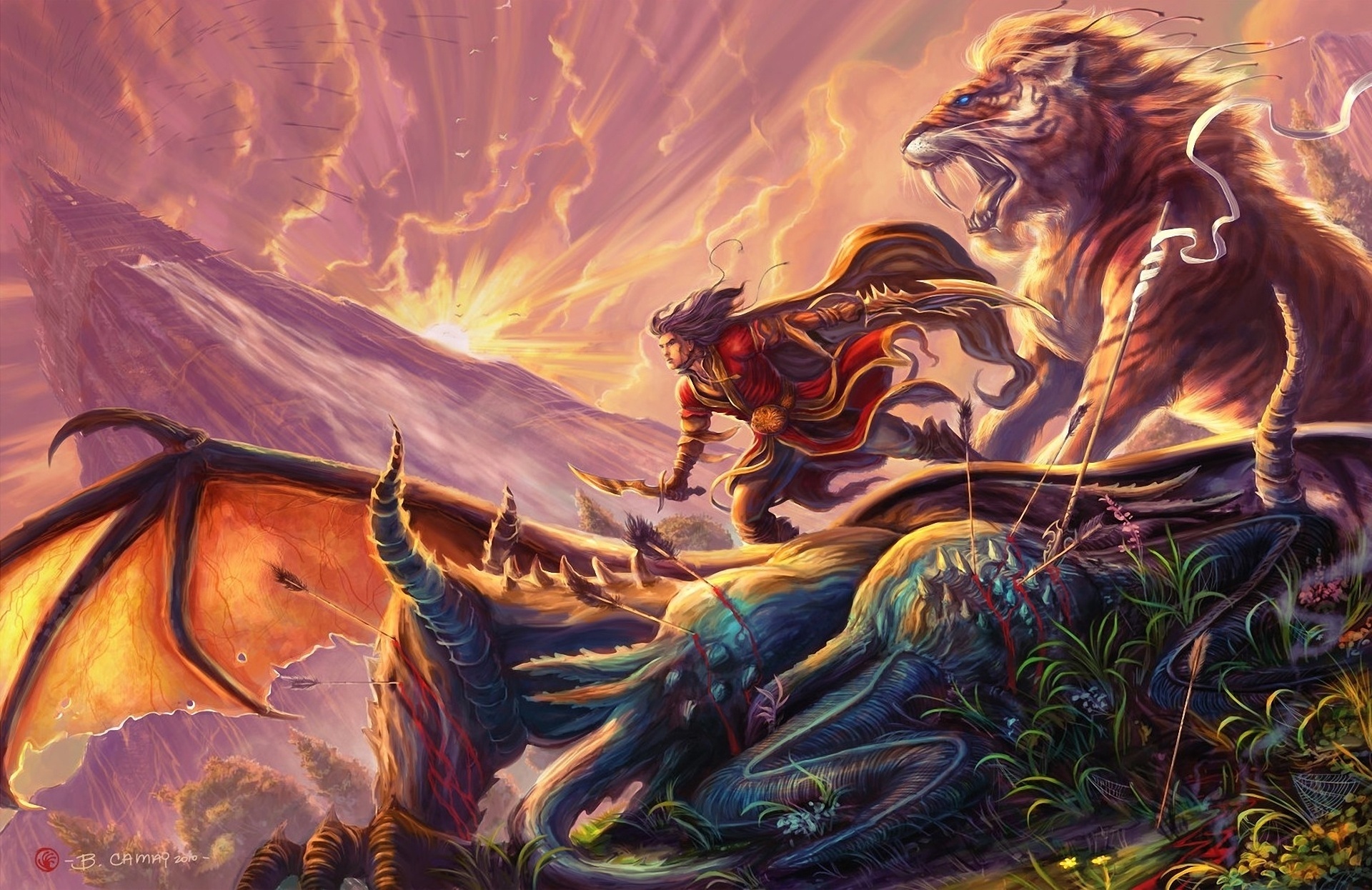 Laden Sie das Fantasie, Löwe, Drachen, Krieger, Schlacht-Bild kostenlos auf Ihren PC-Desktop herunter