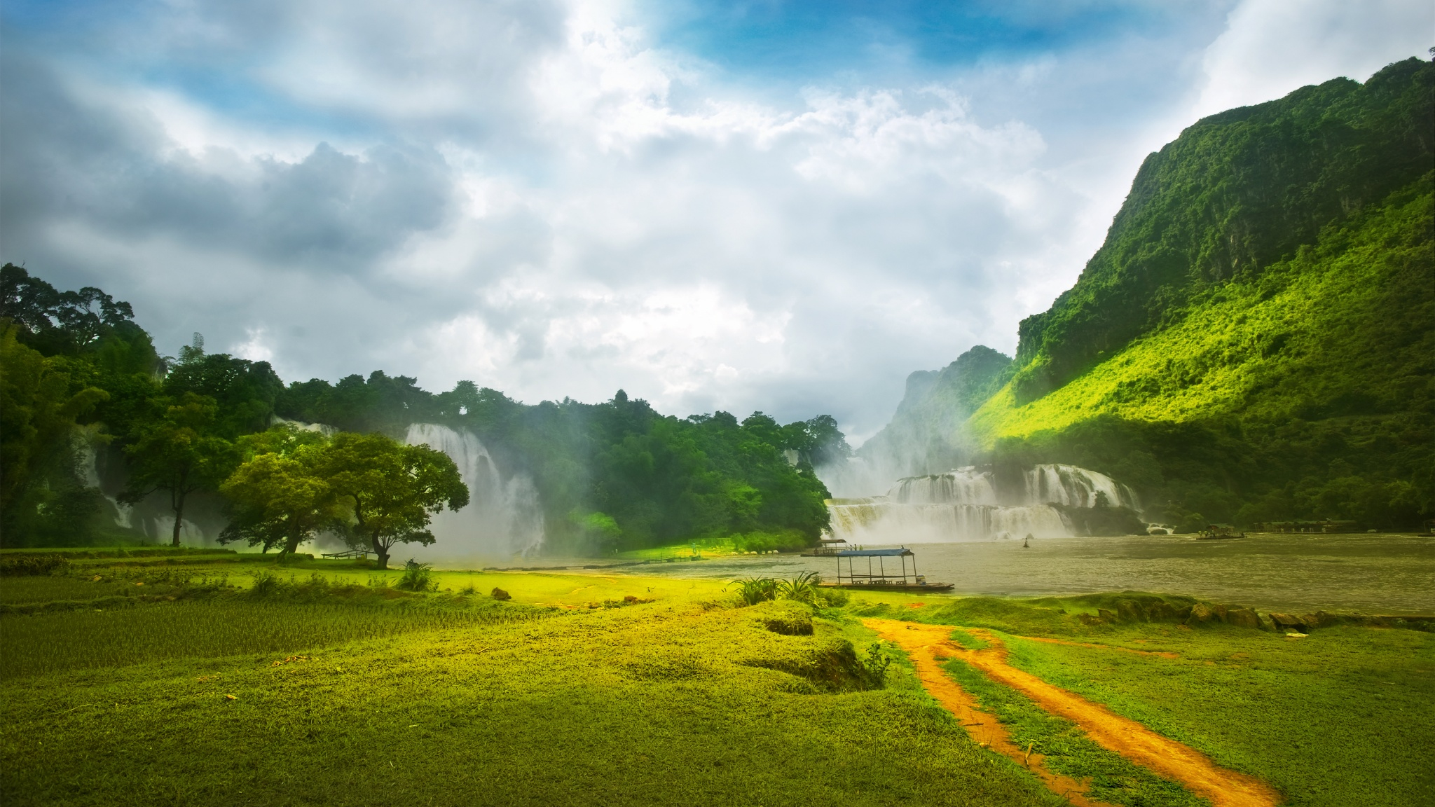 Free download wallpaper Waterfalls, Mountain, Waterfall, Tree, Earth, Field on your PC desktop