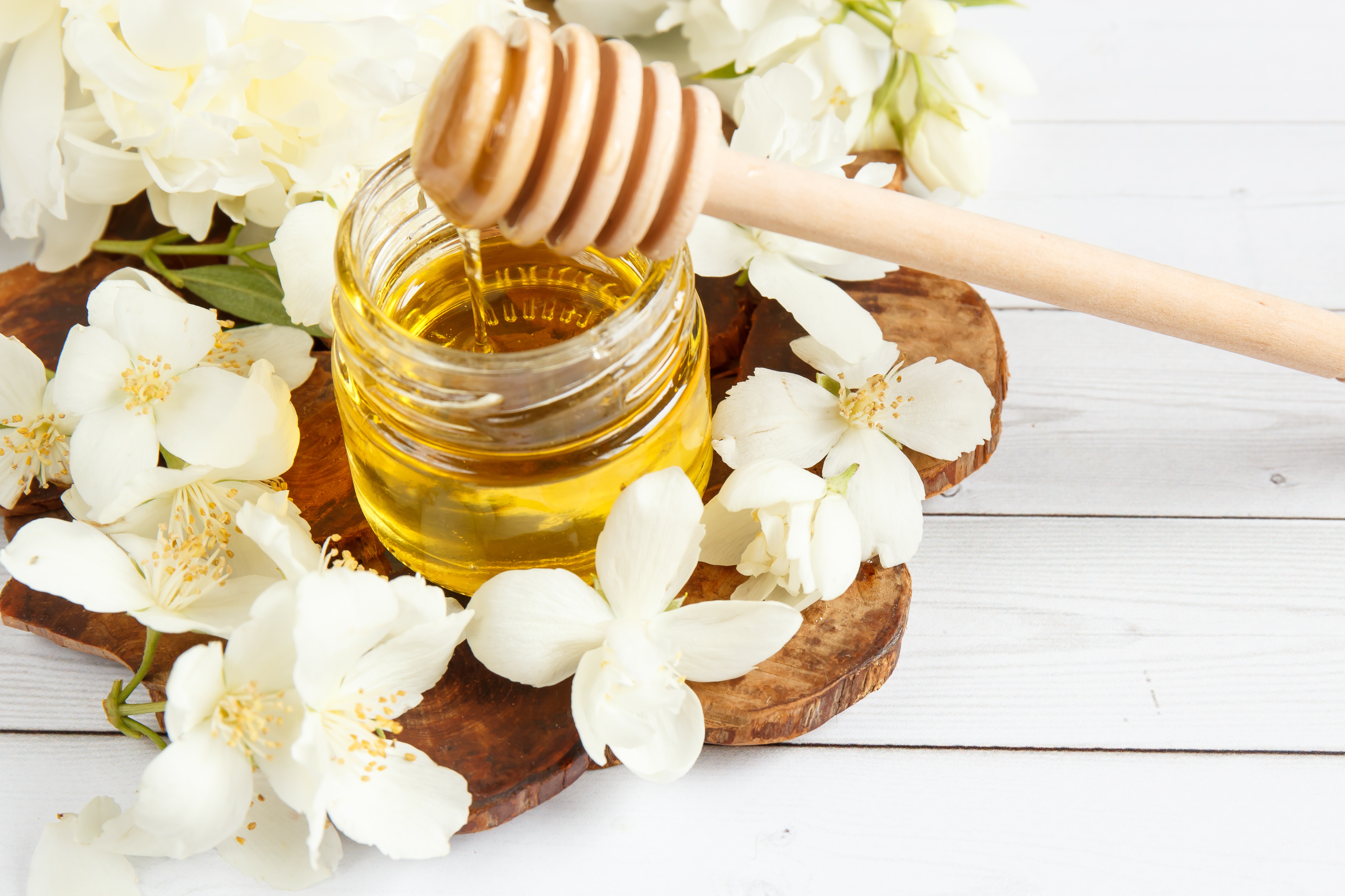 Handy-Wallpaper Honig, Weiße Blume, Nahrungsmittel kostenlos herunterladen.