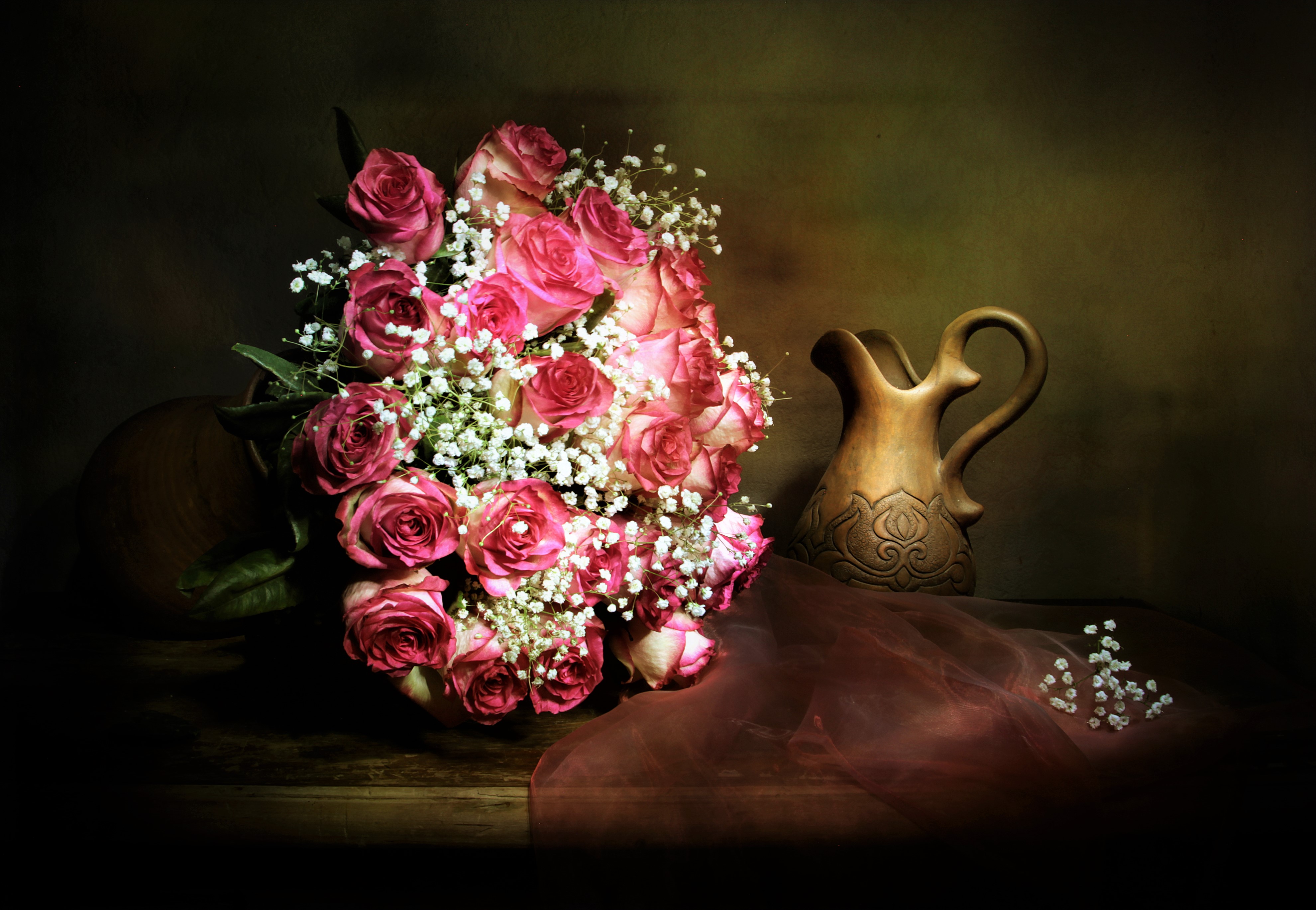 Download mobile wallpaper Still Life, Flower, Rose, Bouquet, Vase, Photography, Pink Flower, Pitcher, Baby's Breath for free.