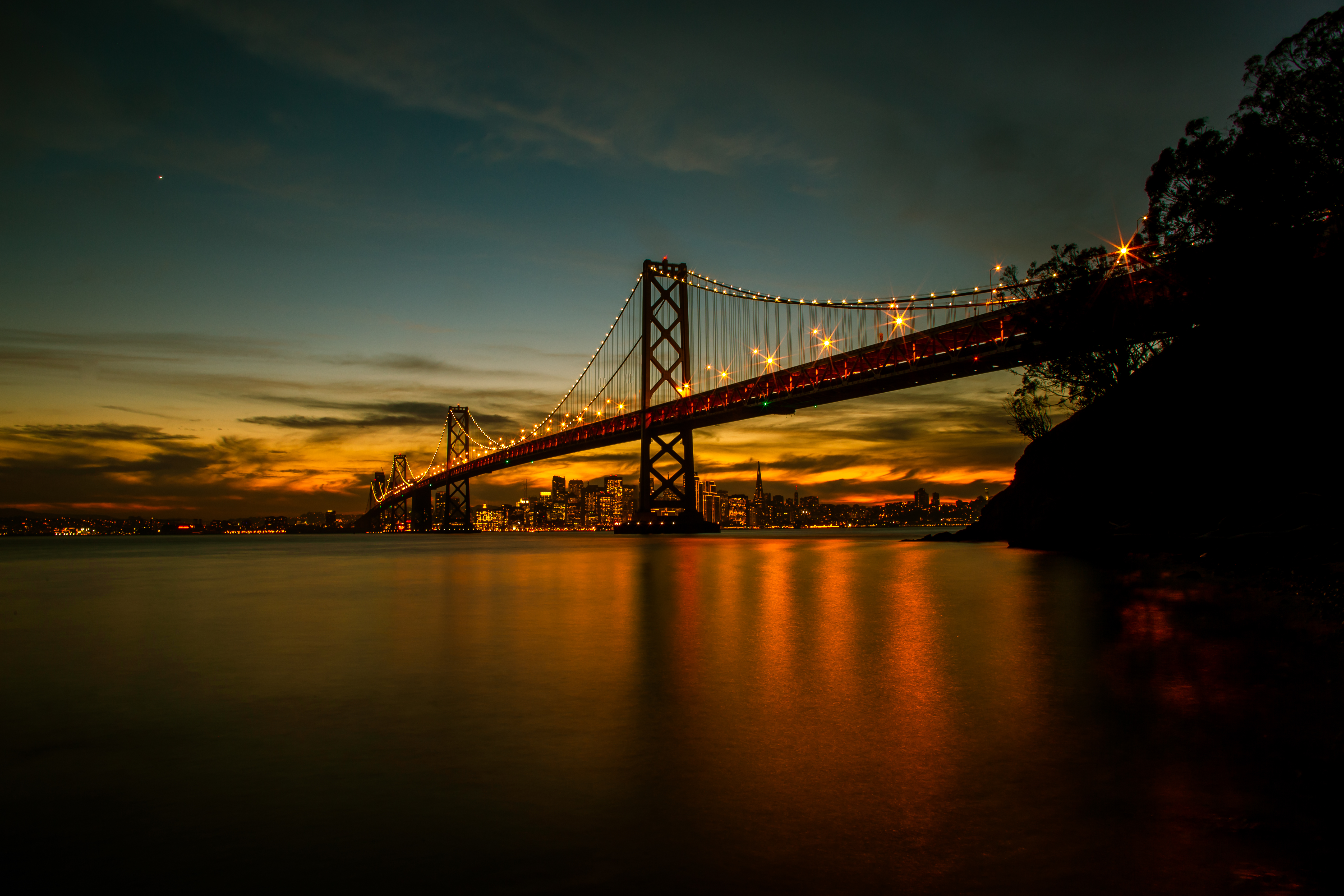 Laden Sie das Brücke, Kalifornien, San Francisco, Sonnenuntergang, Bucht Brücke, Brücken, Menschengemacht-Bild kostenlos auf Ihren PC-Desktop herunter