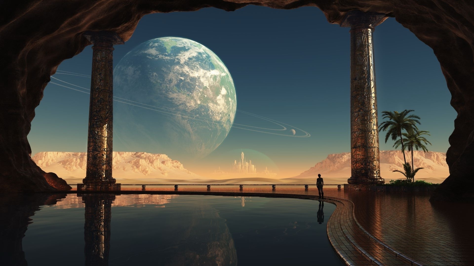 Скачать обои бесплатно Планеты, Замок, Научная Фантастика картинка на рабочий стол ПК