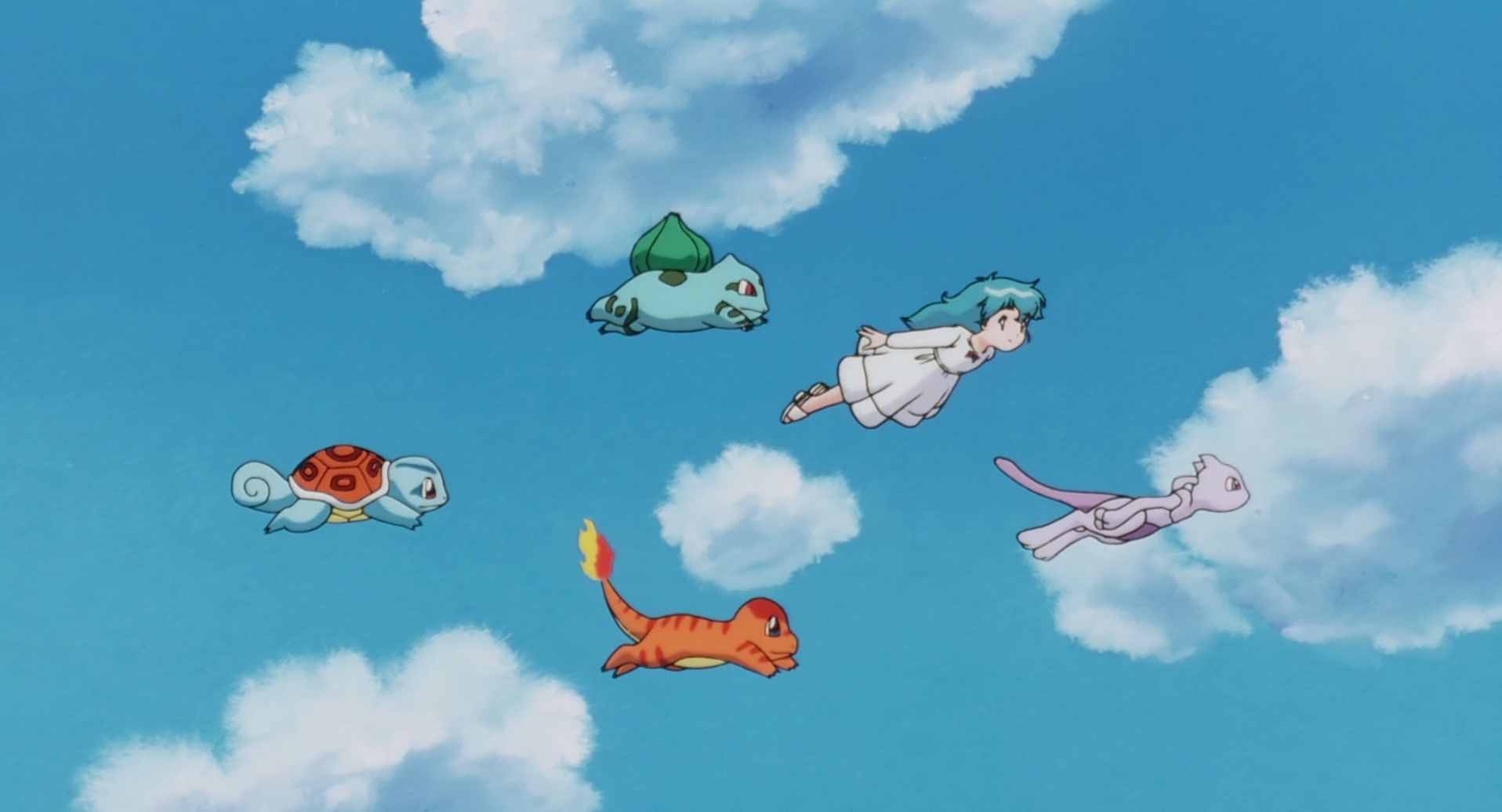 anime, pokémon: the first movie, ambertwo (pokémon), bulbasaur (pokémon), charmander (pokémon), mewtwo (pokémon), squirtle (pokémon), starter pokemon, pokémon