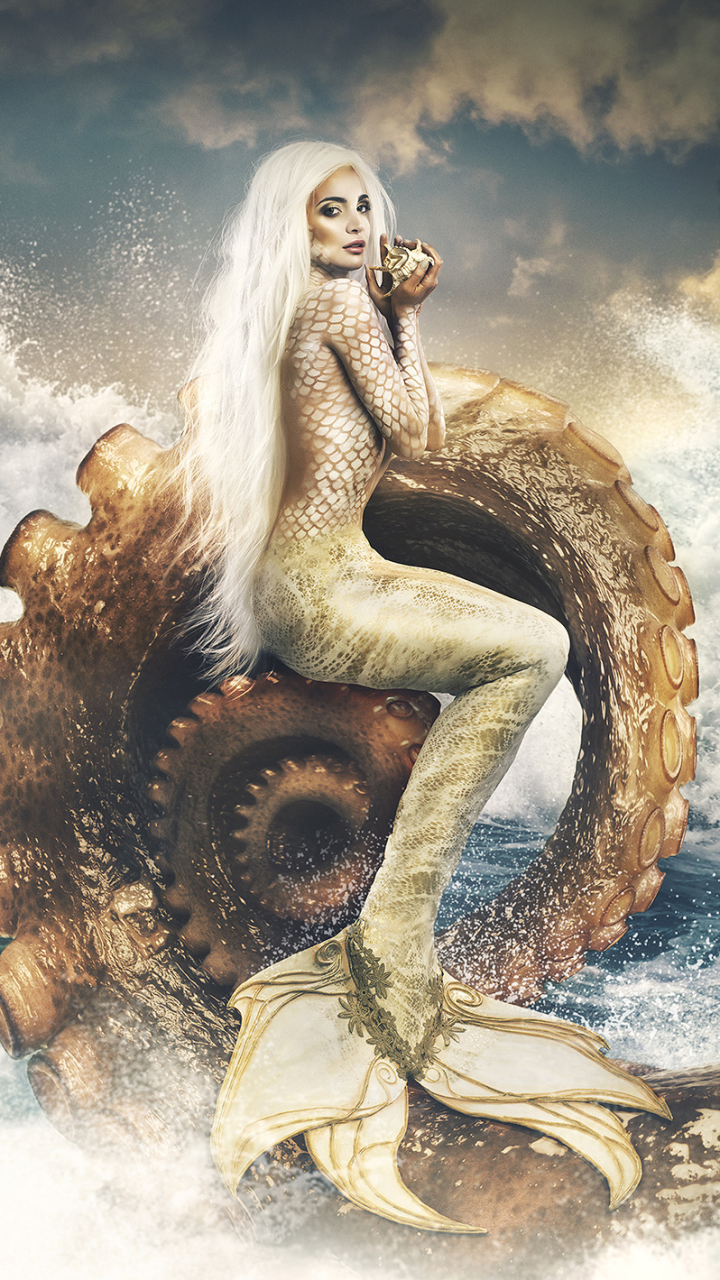 Download mobile wallpaper Fantasy, Octopus, Model, Mermaid, Manipulation, White Hair for free.