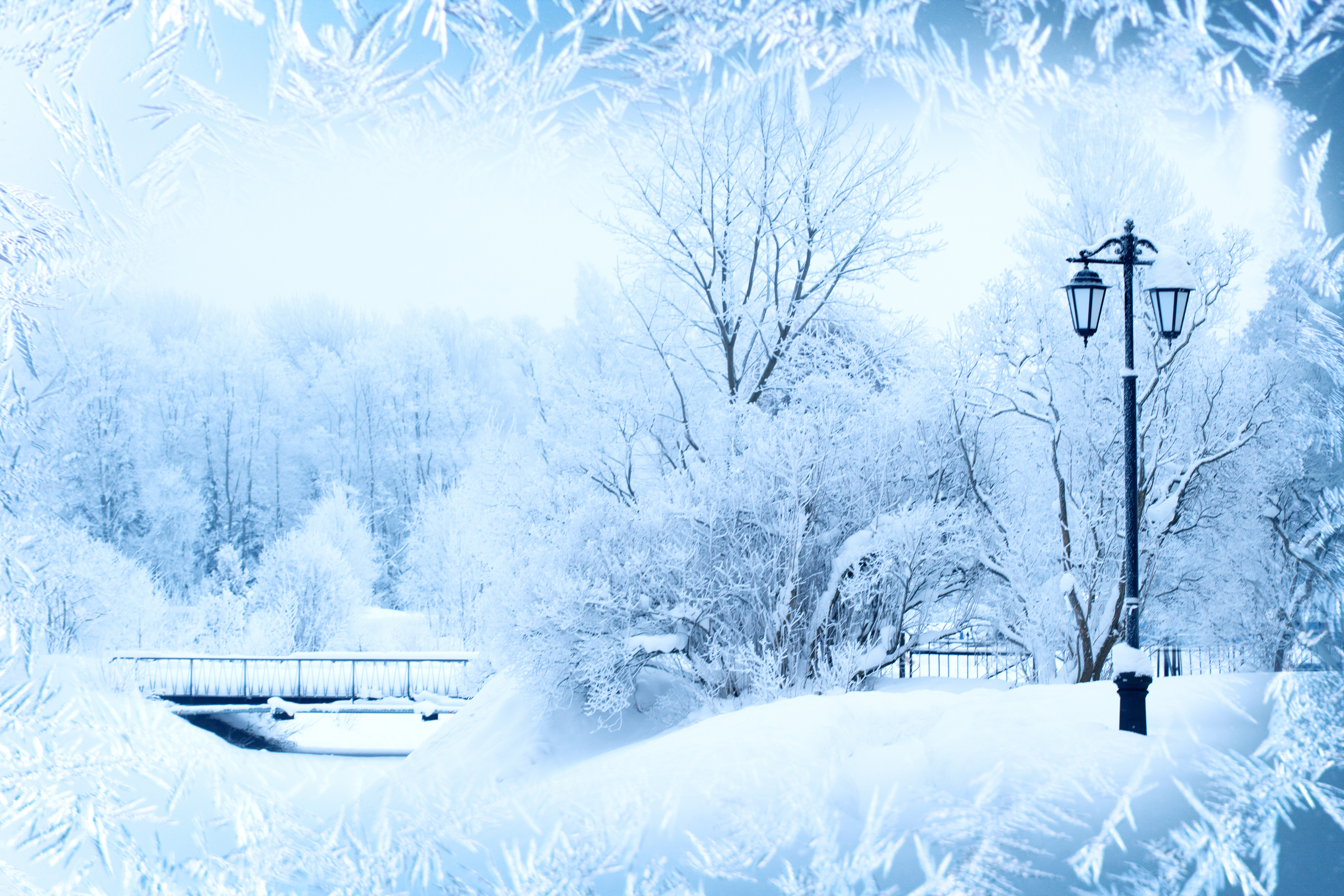 Download mobile wallpaper Winter, Ice, Snow, Park, Bridge, Frost, Artistic, Lamp Post for free.