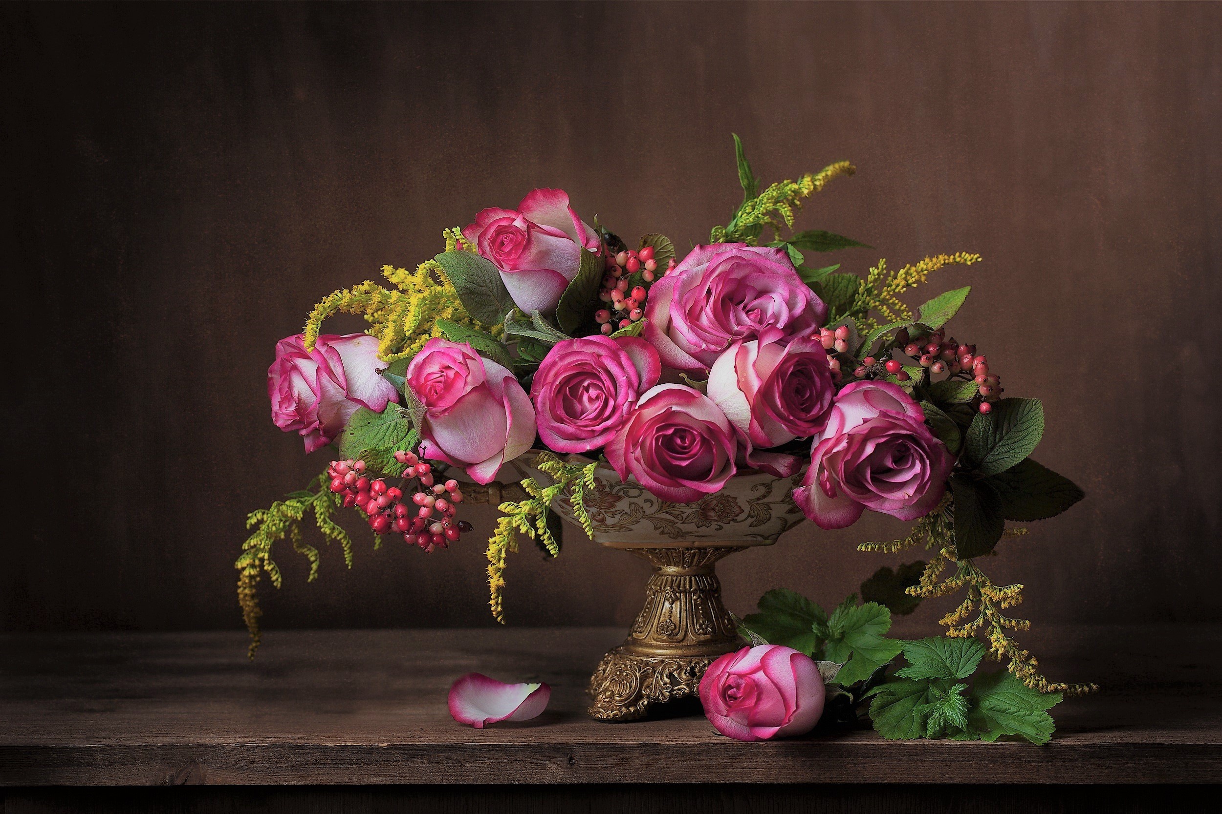 rose, photography, still life, bowl, flower, leaf, pink flower, vase