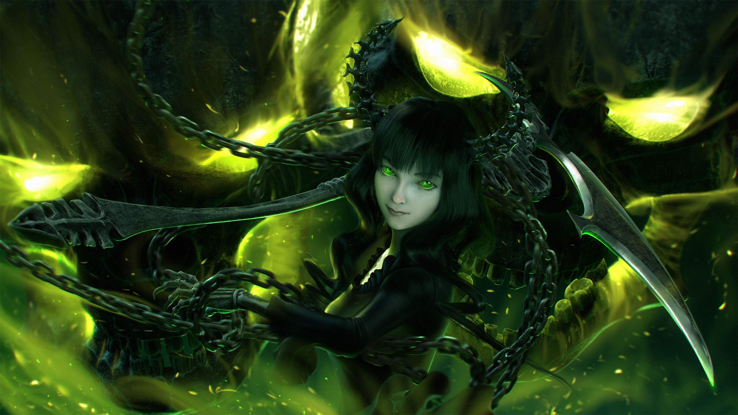 Download mobile wallpaper Anime, Black Rock Shooter, Smile, Glow, Horns, Green Eyes, Black Hair, Dead Master (Black Rock Shooter) for free.