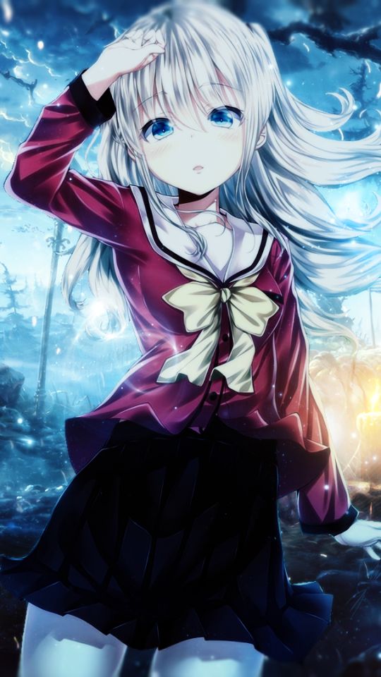 Download mobile wallpaper Anime, Skirt, Blue Eyes, Charlotte, School Uniform, Long Hair, White Hair, Bow (Clothing), Nao Tomori, Charlotte (Anime) for free.