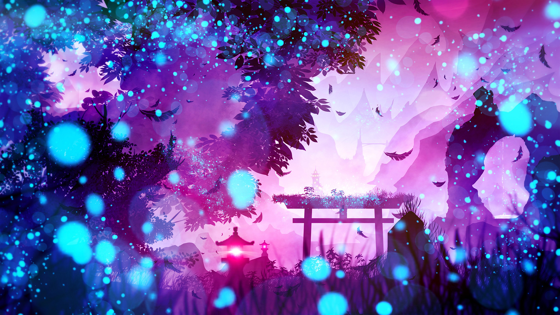 Download mobile wallpaper Landscape, Nature, Fantasy, Lantern, Purple, Shrine for free.
