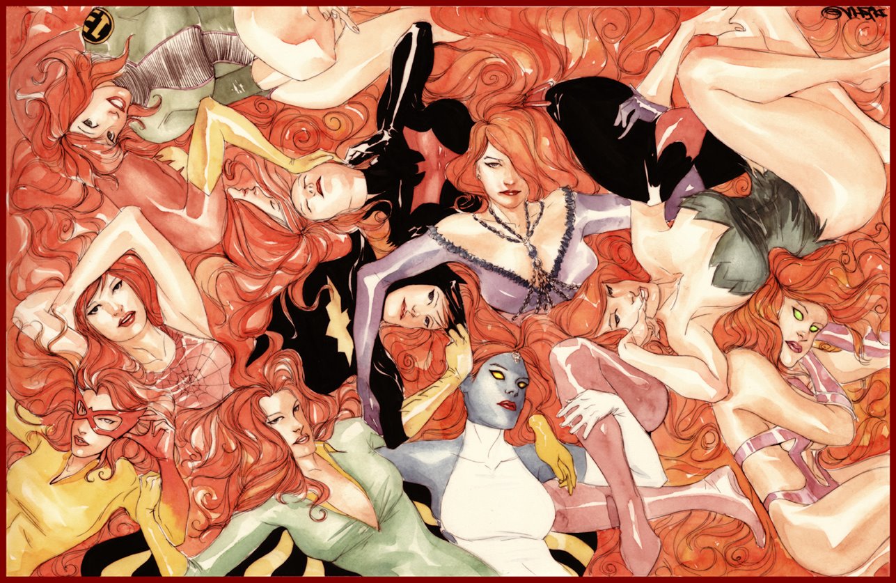 comics, collage, batgirl, firestar (marvel comics), jean grey, mary jane watson, mystique (marvel comics), poison ivy, spider girl, starfire (dc comics)