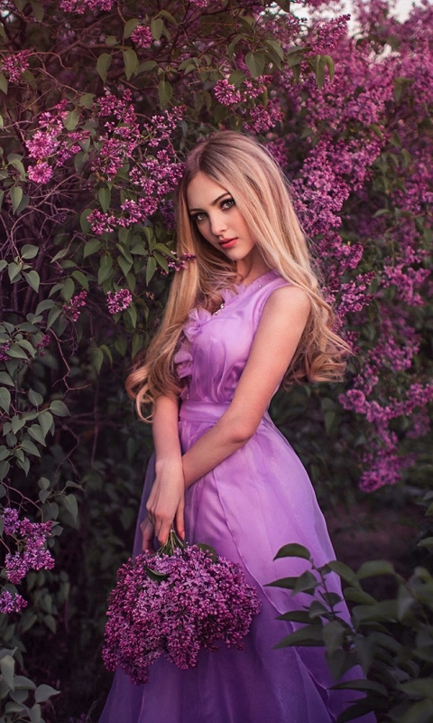 Download mobile wallpaper Lilac, Blonde, Model, Women, Long Hair, Pink Flower, Pink Dress for free.
