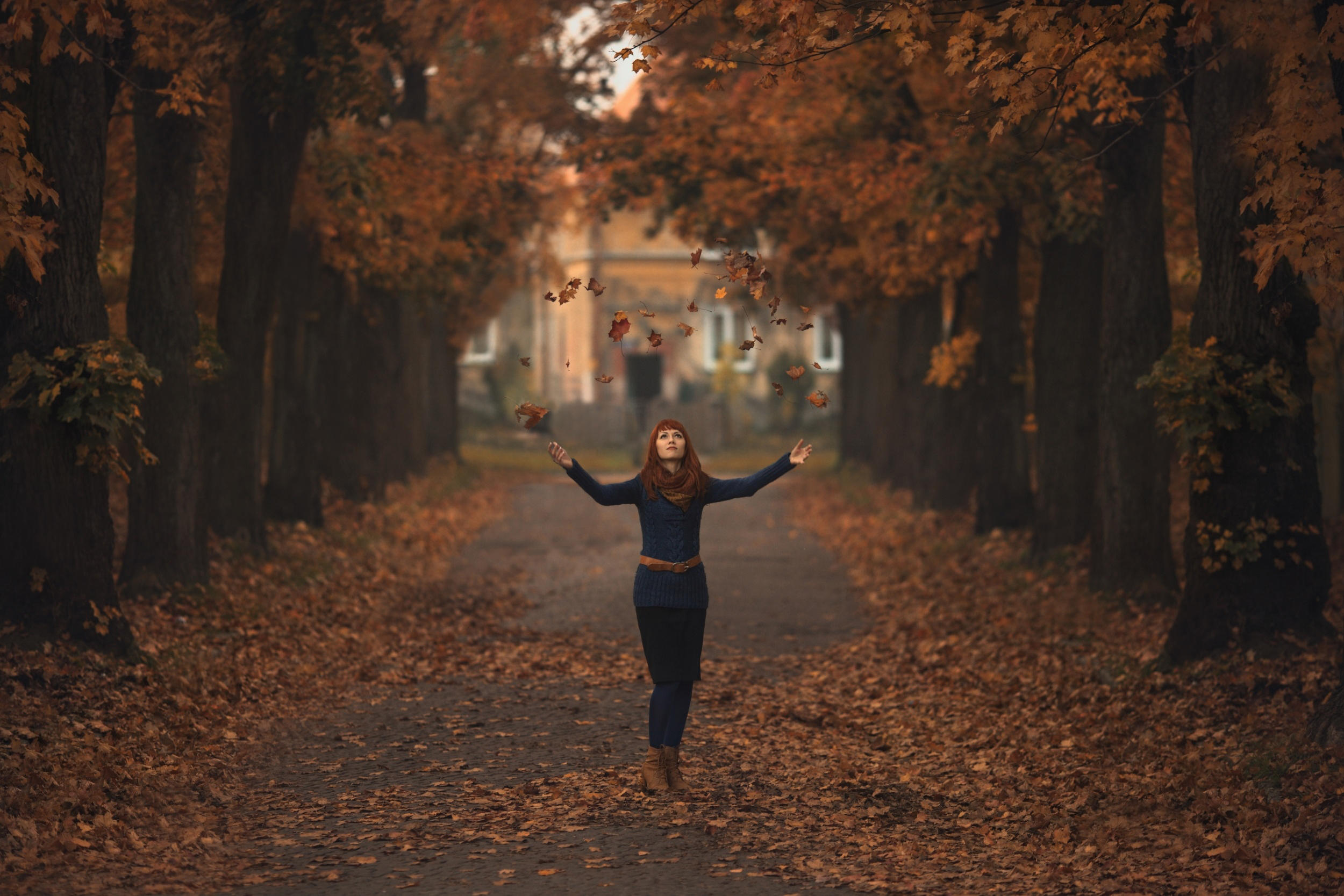 Download mobile wallpaper Fall, Redhead, Model, Women, Tree Lined, Depth Of Field for free.