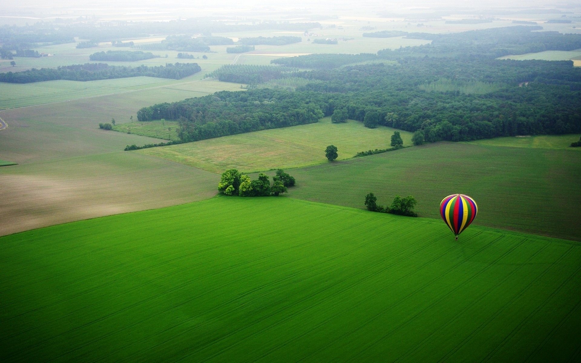 landscape, green, balloons, fields Panoramic Wallpaper
