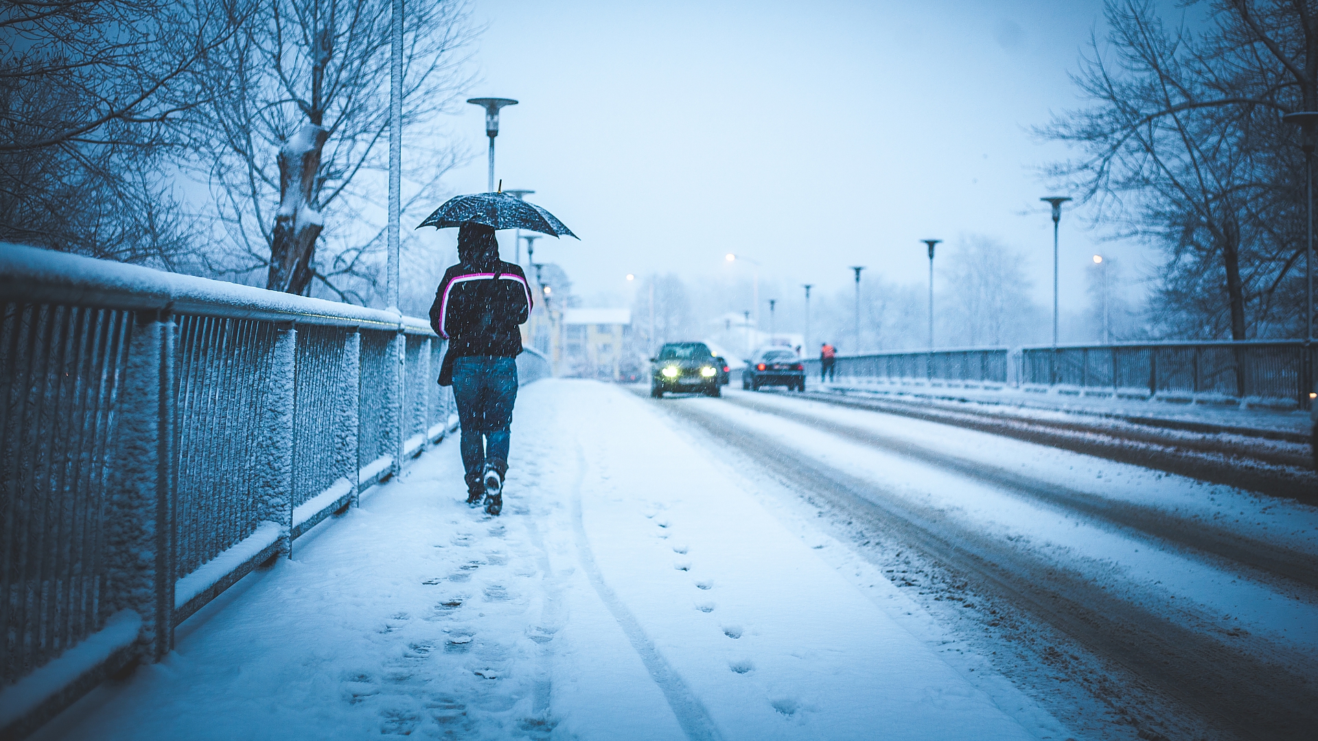 photography, winter, bridge, car, footprint, snow, umbrella