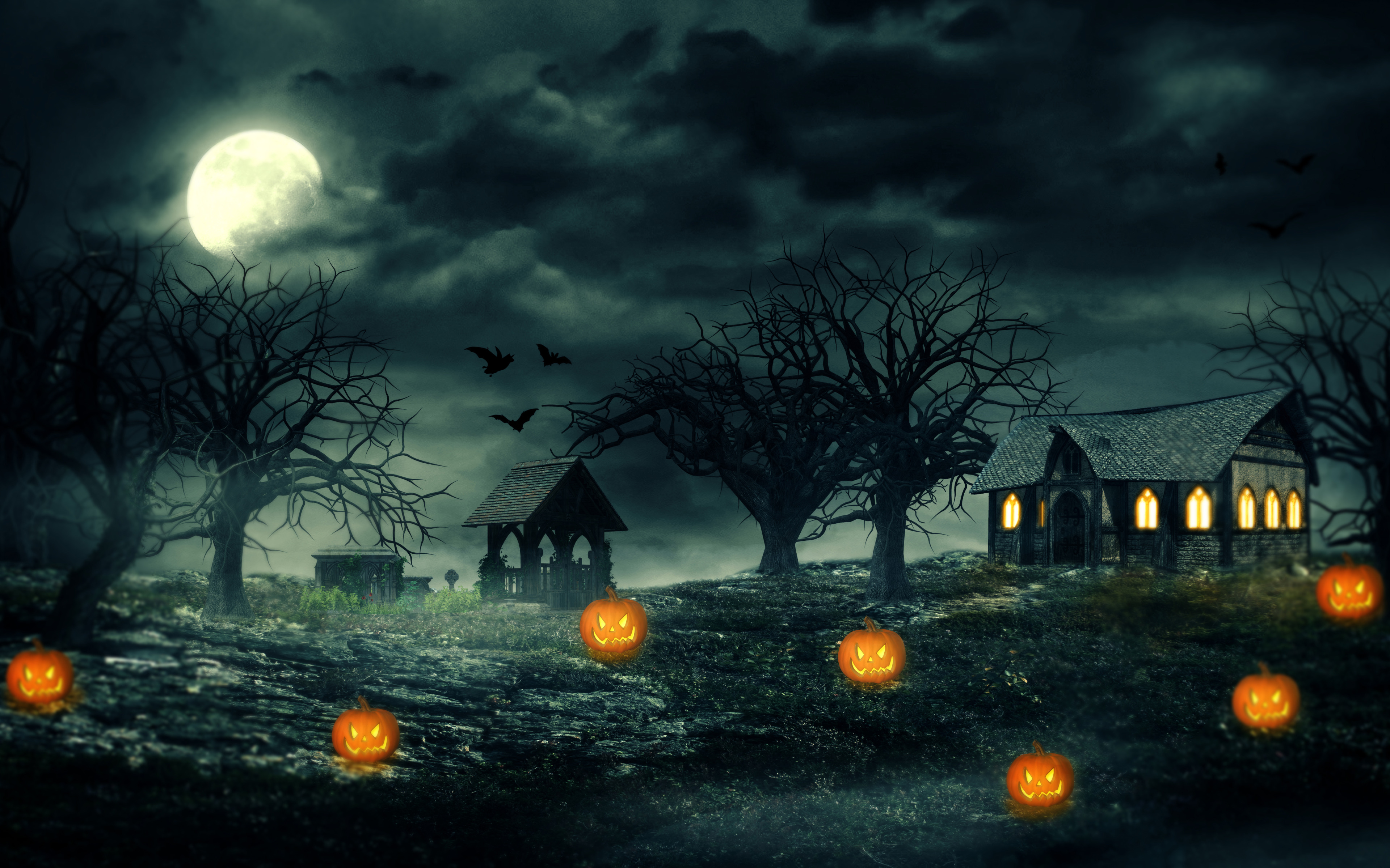 865822 скачать картинку ночь, хэллоуин, луна, тыква, праздничные, дом с привидениями, фонарь джека, дерево - обои и заставки бесплатно