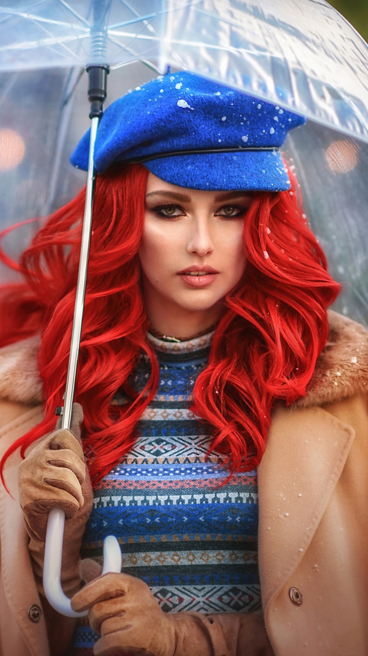 Handy-Wallpaper Regenschirm, Hut, Mantel, Modell, Frauen, Rote Haare kostenlos herunterladen.