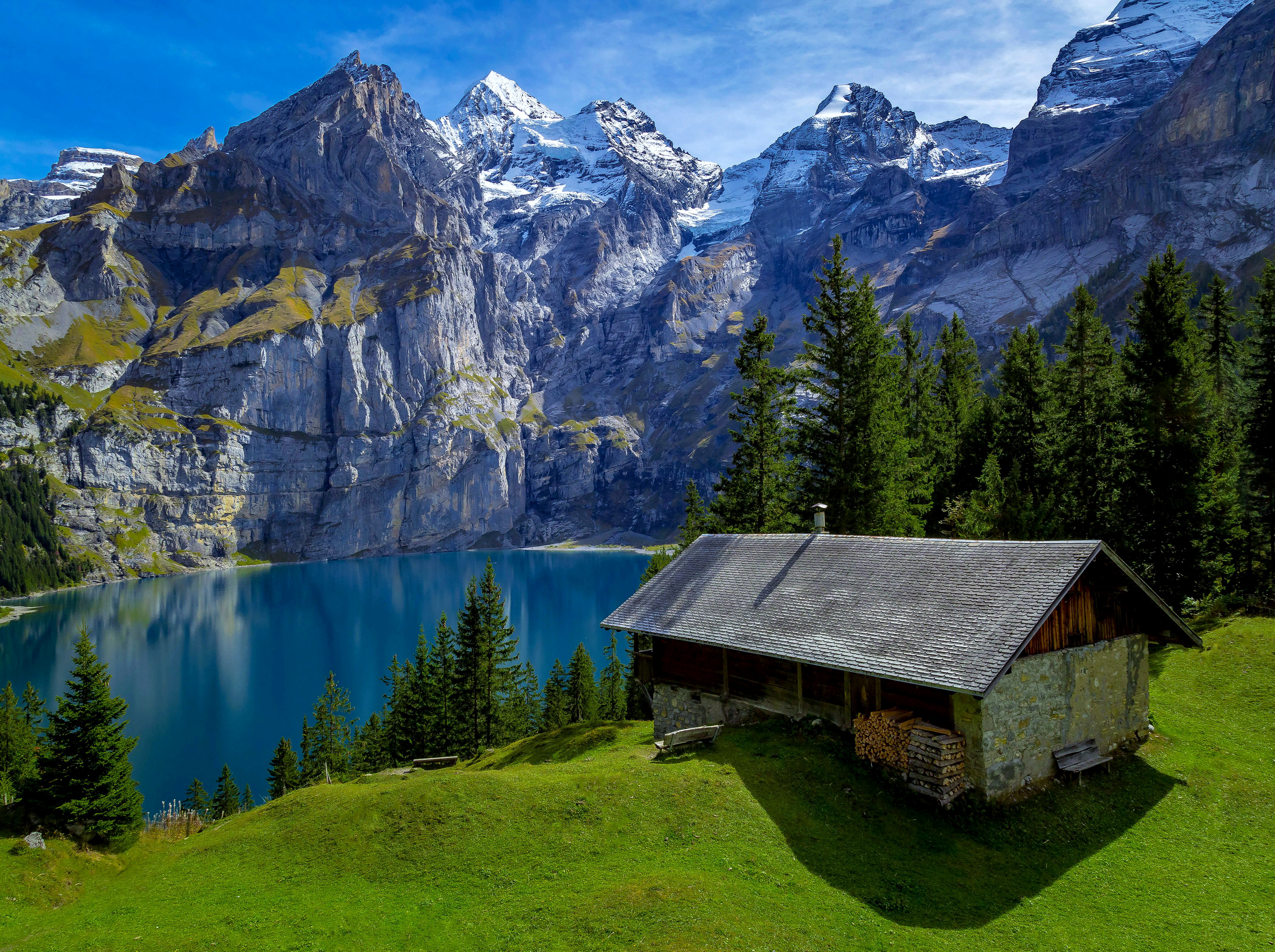 Download mobile wallpaper Mountain, Lake, House, Switzerland, Man Made for free.