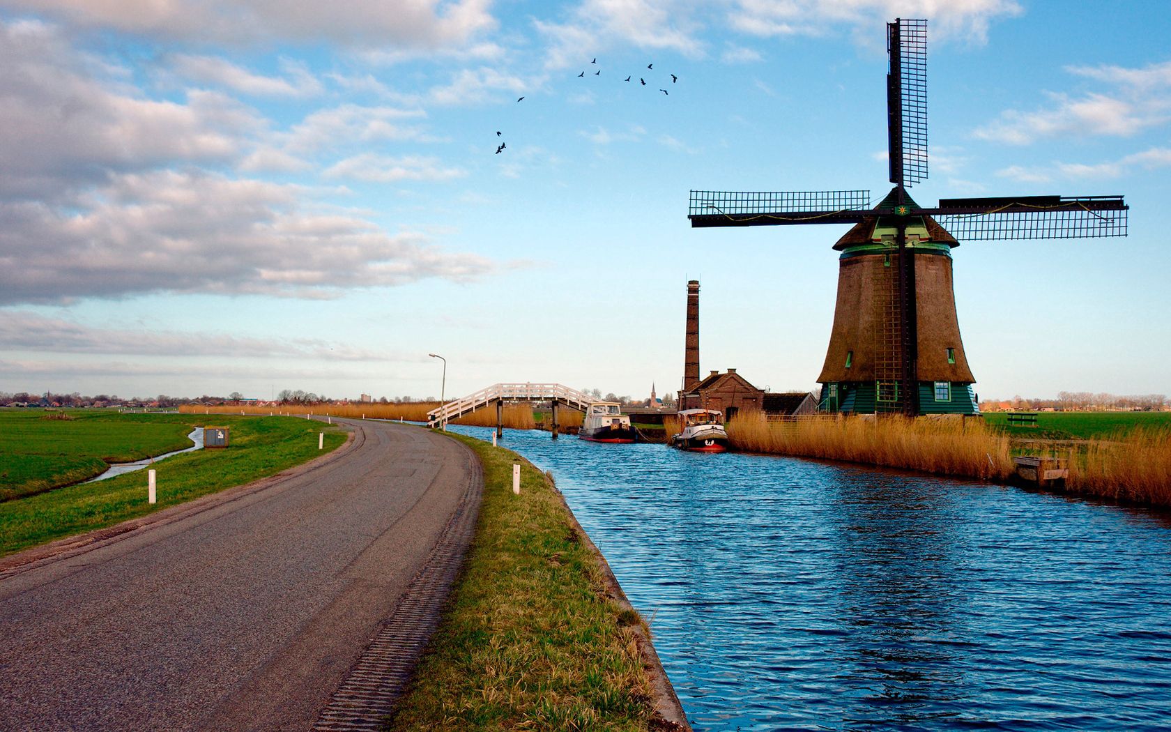 landscape, mill, cities, rivers, road, netherlands