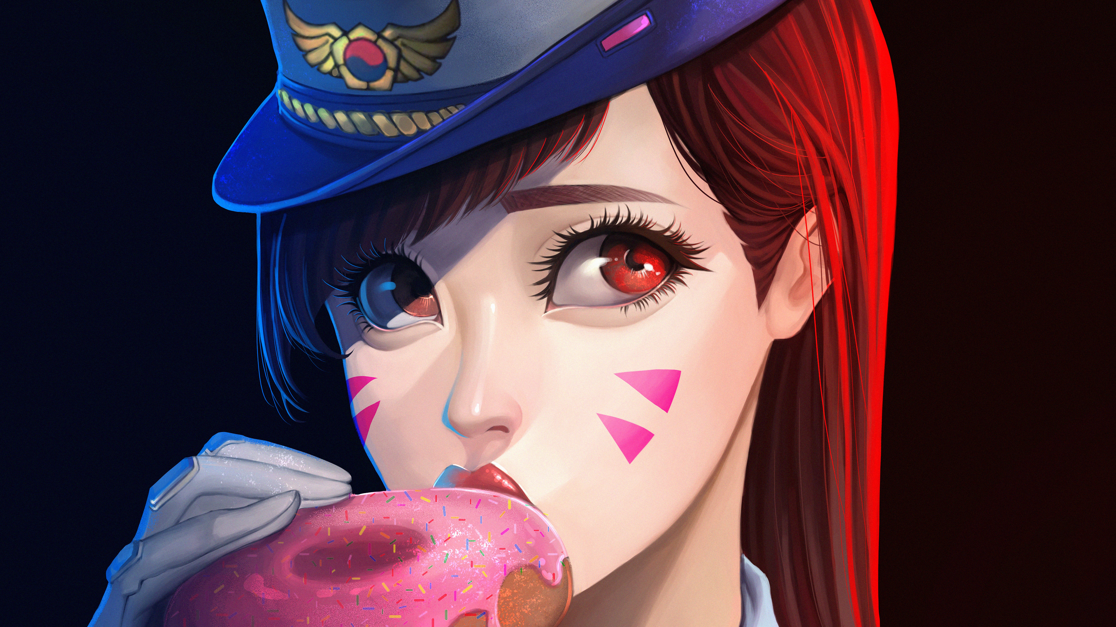 Download mobile wallpaper Doughnut, Overwatch, Red Eyes, Video Game, D Va (Overwatch) for free.