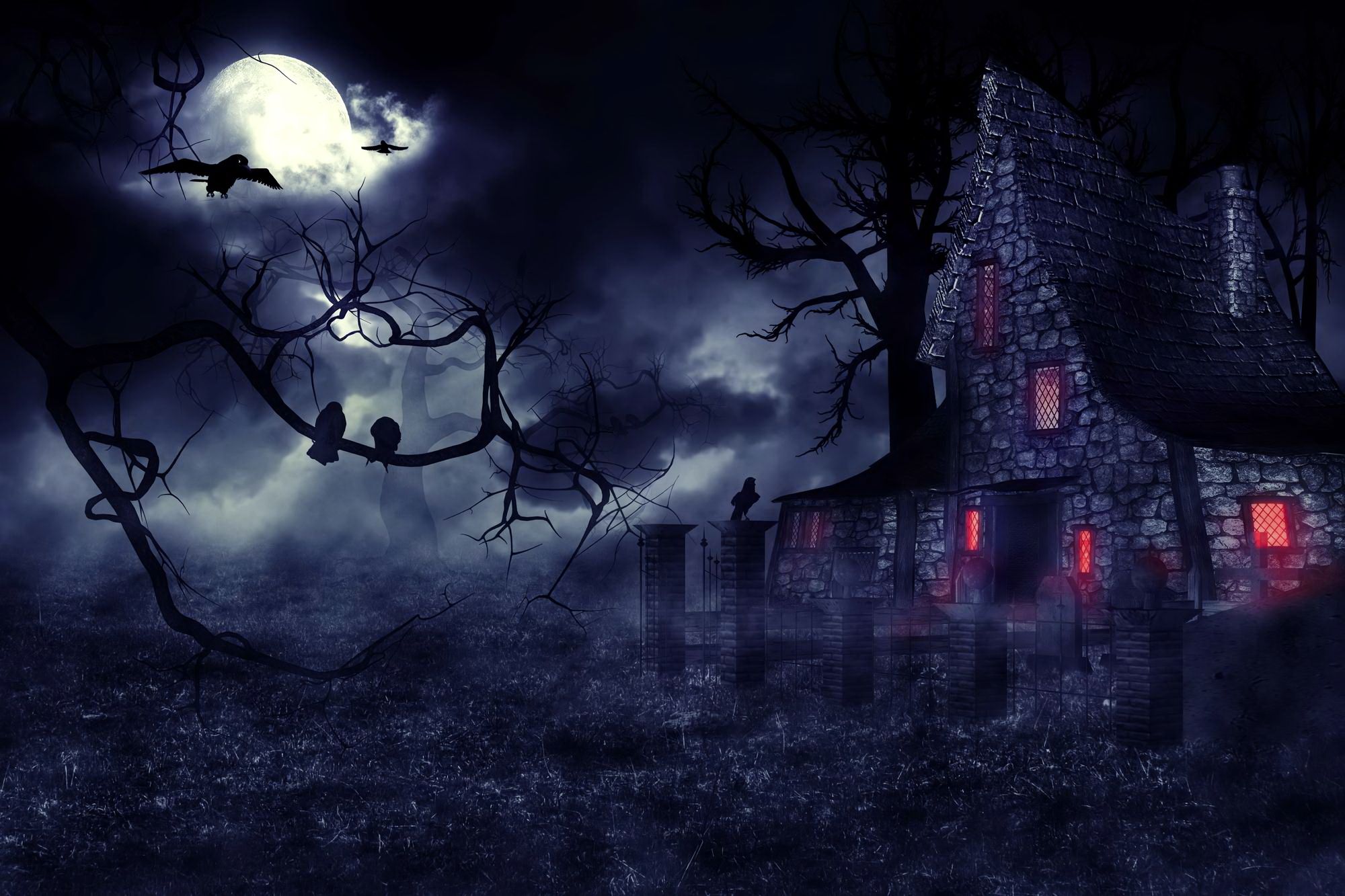 810837 завантажити картинку темний, будинок, моторошно, будинок з привидами, місяць, ніч, ворон, дерево - шпалери і заставки безкоштовно