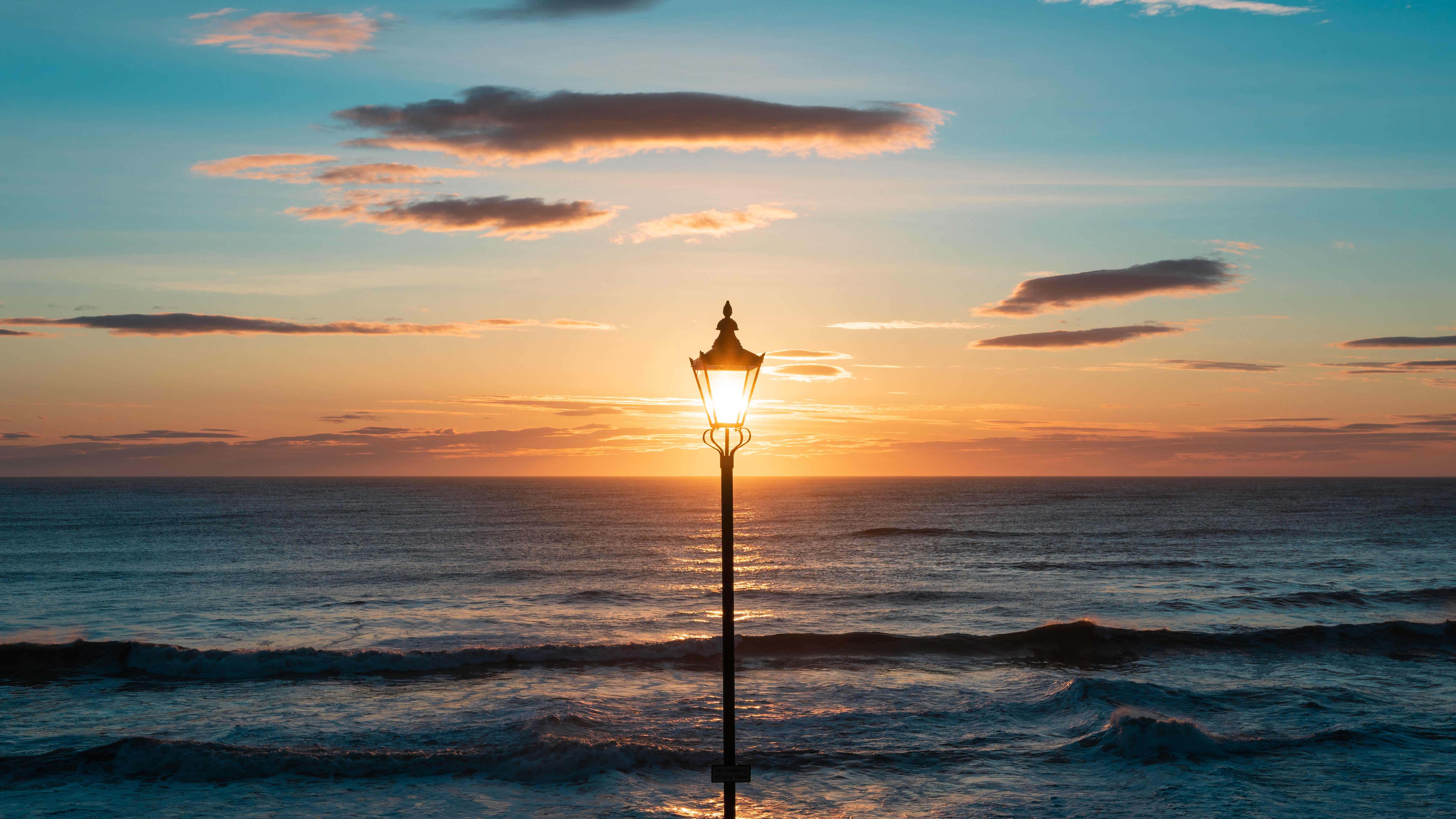 lamp, sunset, sea, clouds, horizon, miscellanea, miscellaneous, lantern Smartphone Background
