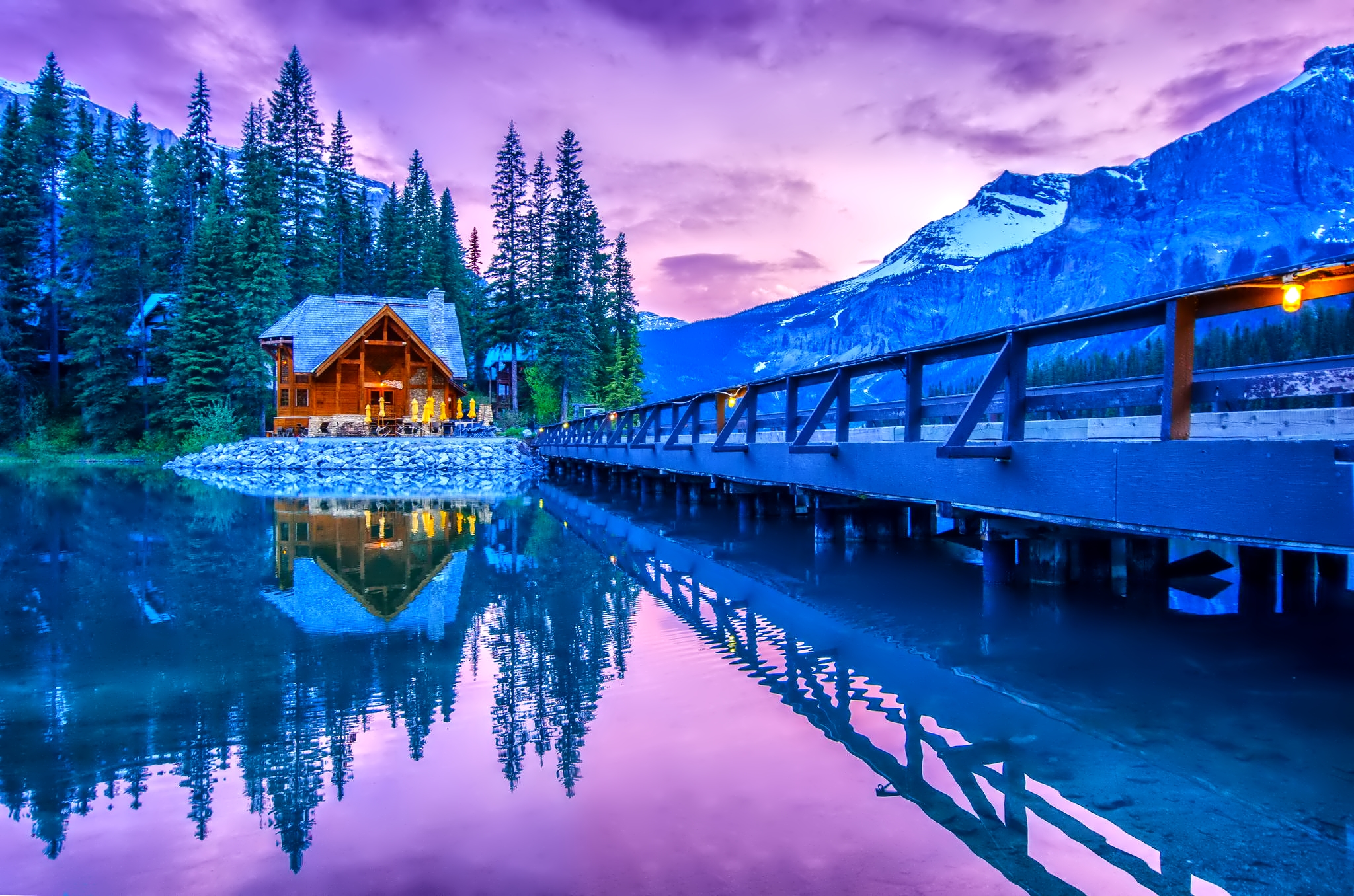 Free download wallpaper Winter, Mountain, Reflection, Tree, House, Earth, Bridge, Photography, Cabin on your PC desktop