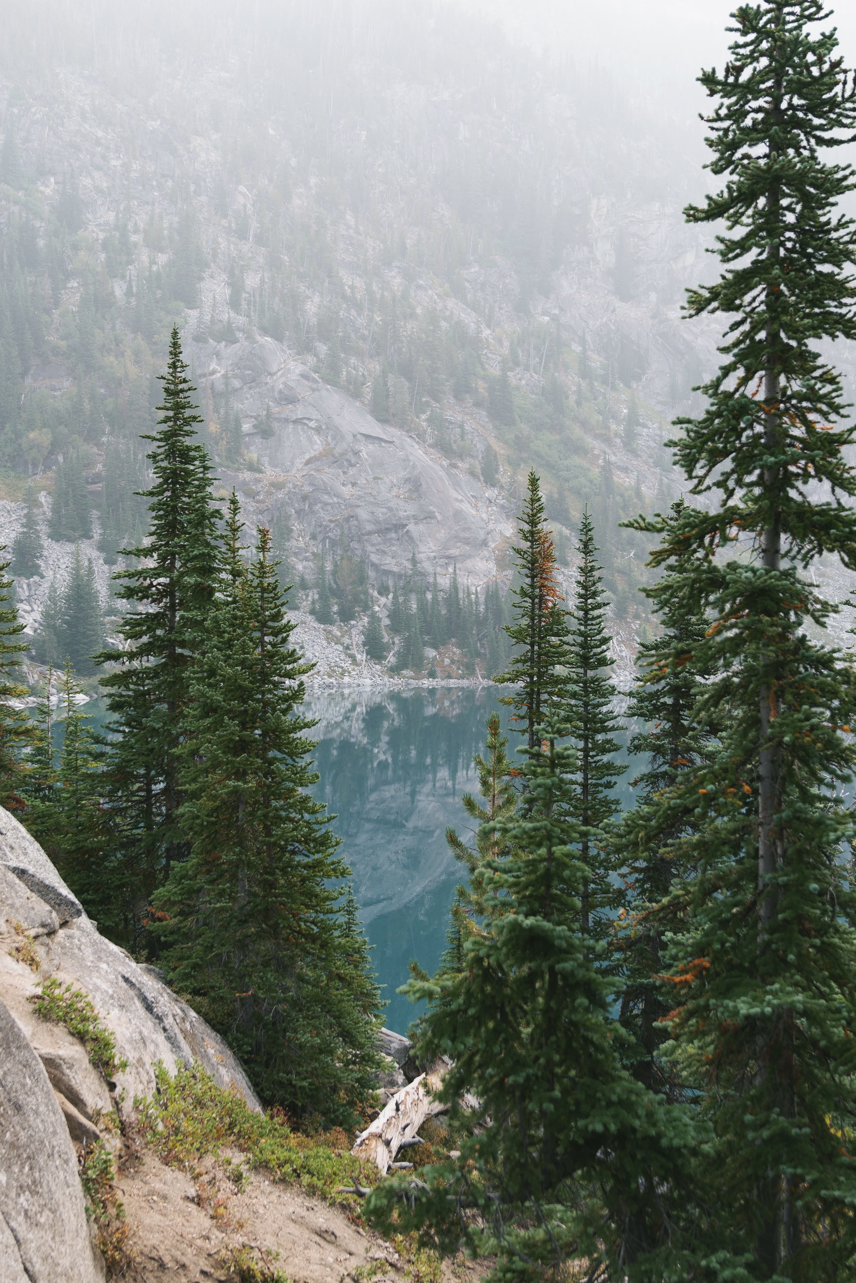 Download mobile wallpaper Spruce, Fir, Rocks, Lake, Fog, Mountains, Nature for free.