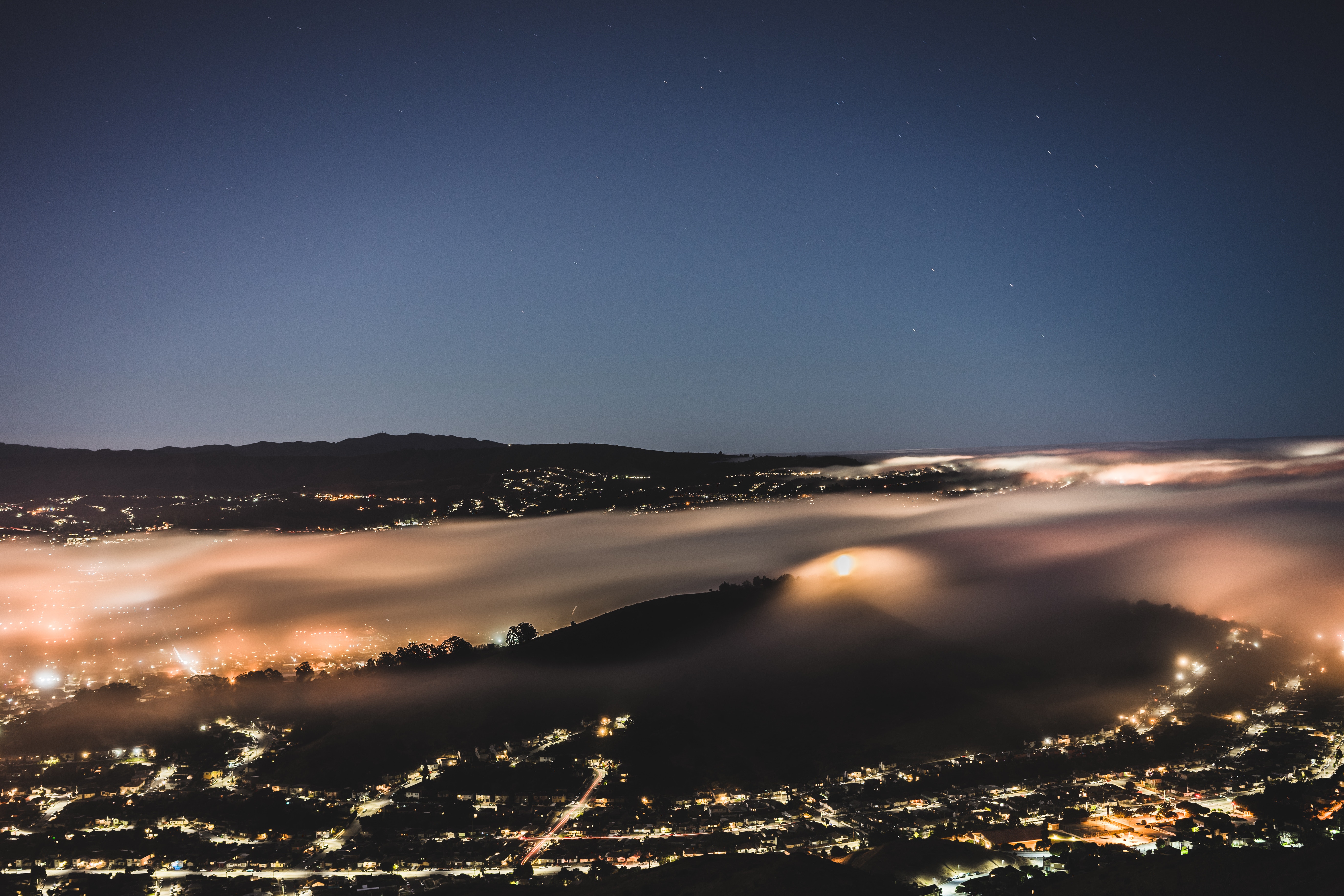 cities, view from above, horizon, fog, night city, shroud wallpapers for tablet
